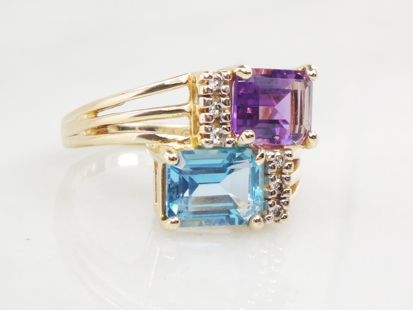 Vintage 14k Yellow Blue Topaz and Amethyst Ring with Diamonds, Modern Bypass Ring, Size 5 3/4