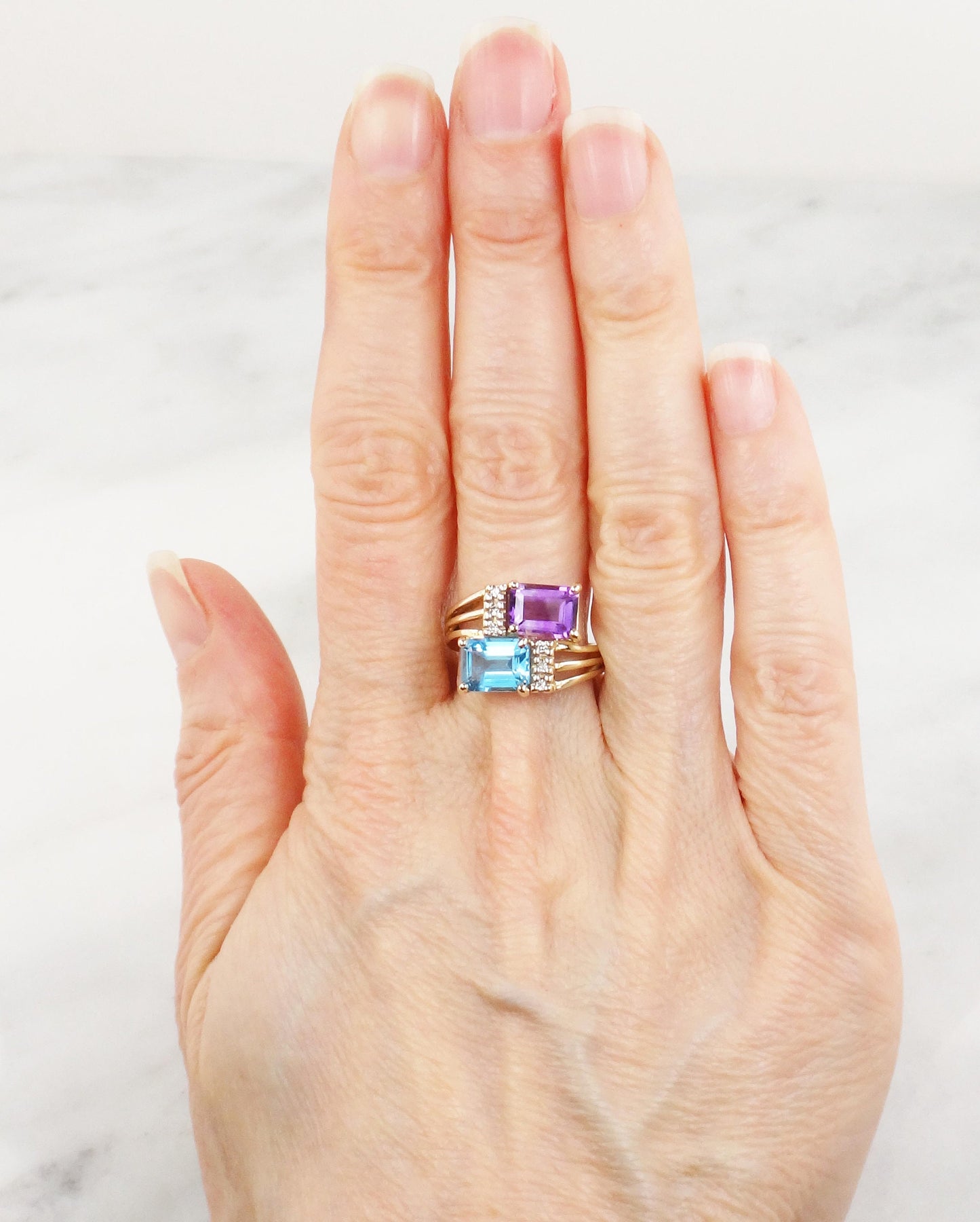 Vintage 14k Yellow Blue Topaz and Amethyst Ring with Diamonds, Modern Bypass Ring, Size 5 3/4