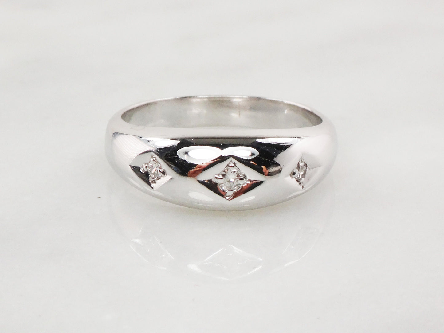 Vintage 14k White Gold Natural Diamond Wedding Band Three Stone Ring Men's Diamond Ring Unisex Size 11 1/4