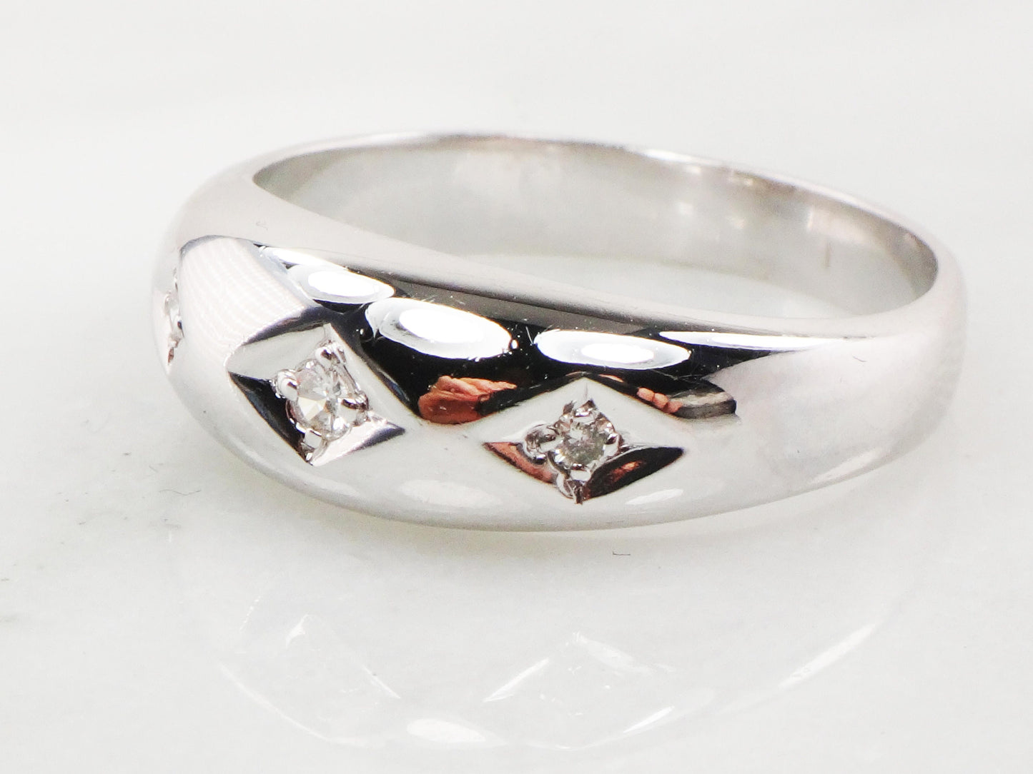 Vintage 14k White Gold Natural Diamond Wedding Band Three Stone Ring Men's Diamond Ring Unisex Size 11 1/4