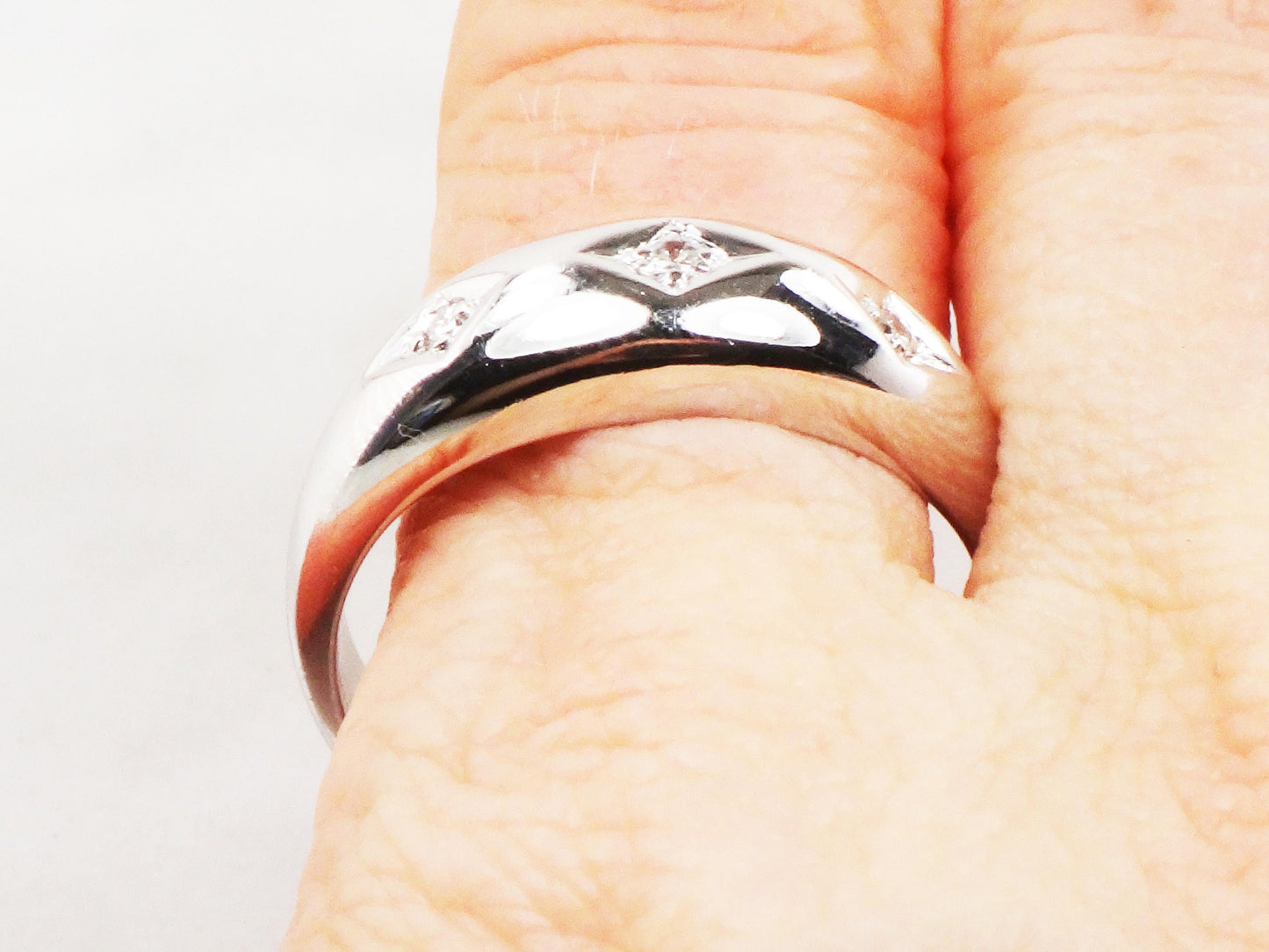 Vintage 14k White Gold Natural Diamond Wedding Band Three Stone Ring Men's Diamond Ring Unisex Size 11 1/4
