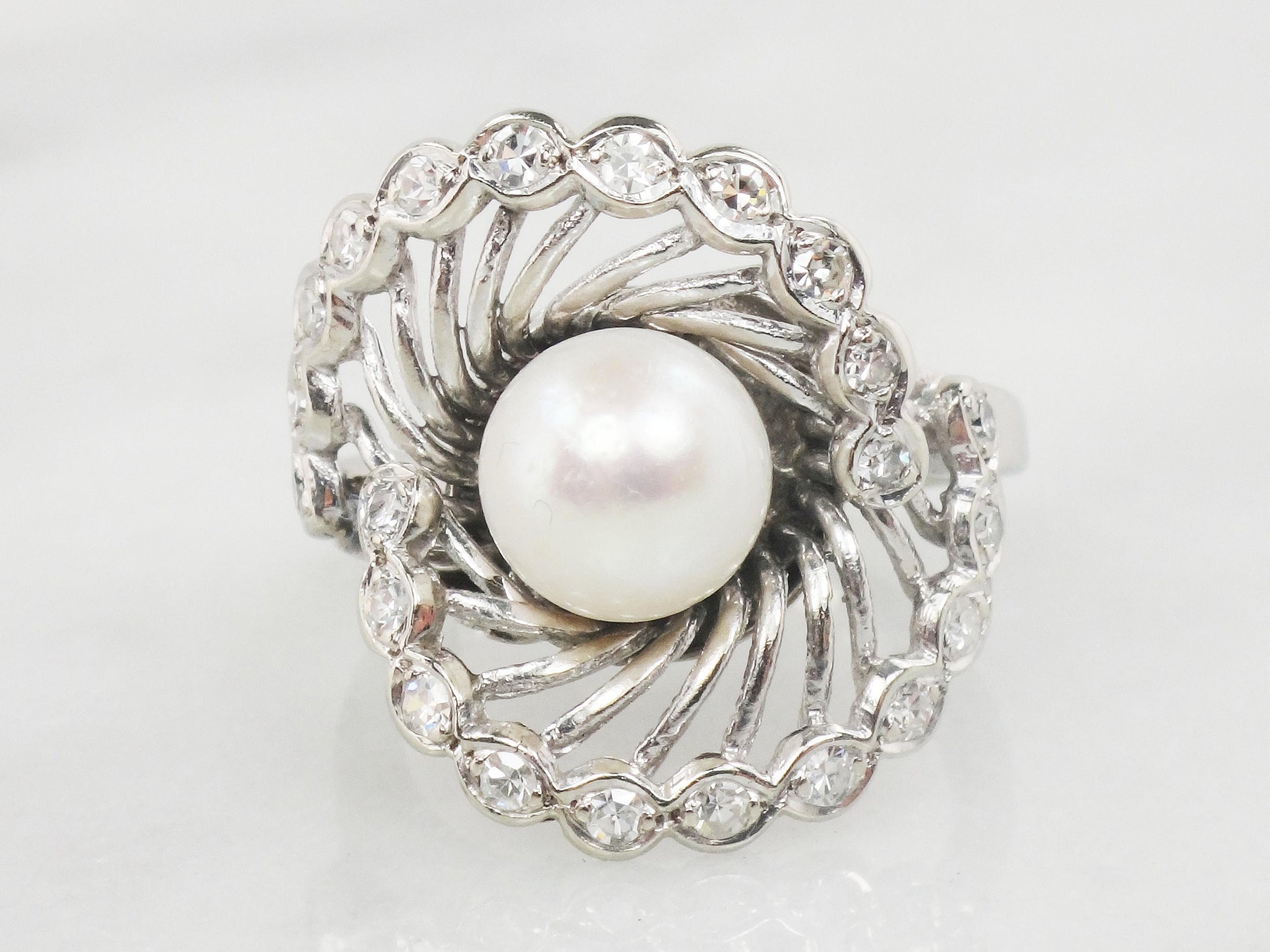 Vintage Saltwater Pearl Diamond Ring: 14k White Gold, Size 5.75, 7.5 MM