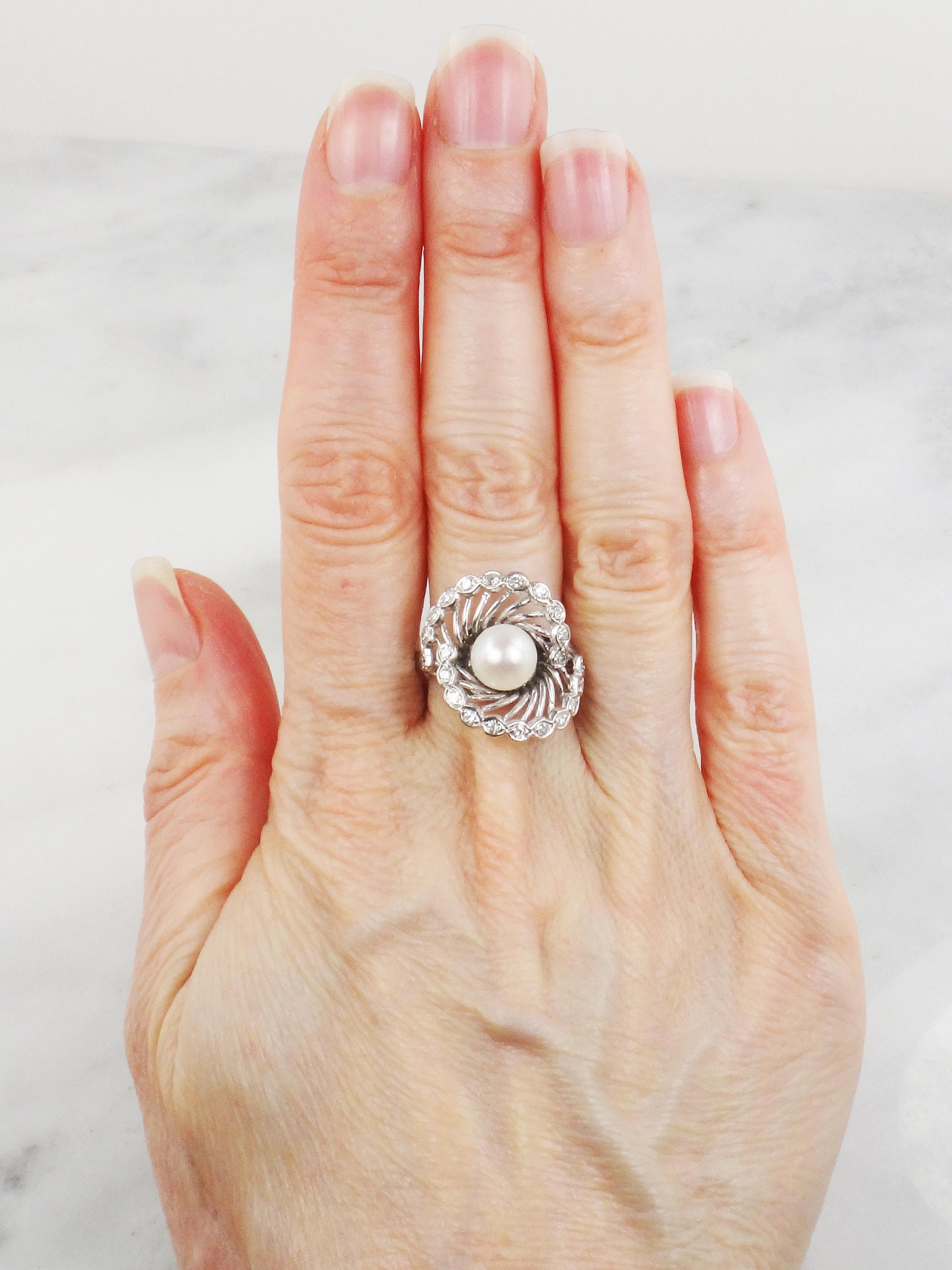 Vintage Saltwater Pearl Diamond Ring: 14k White Gold, Size 5.75, 7.5 MM
