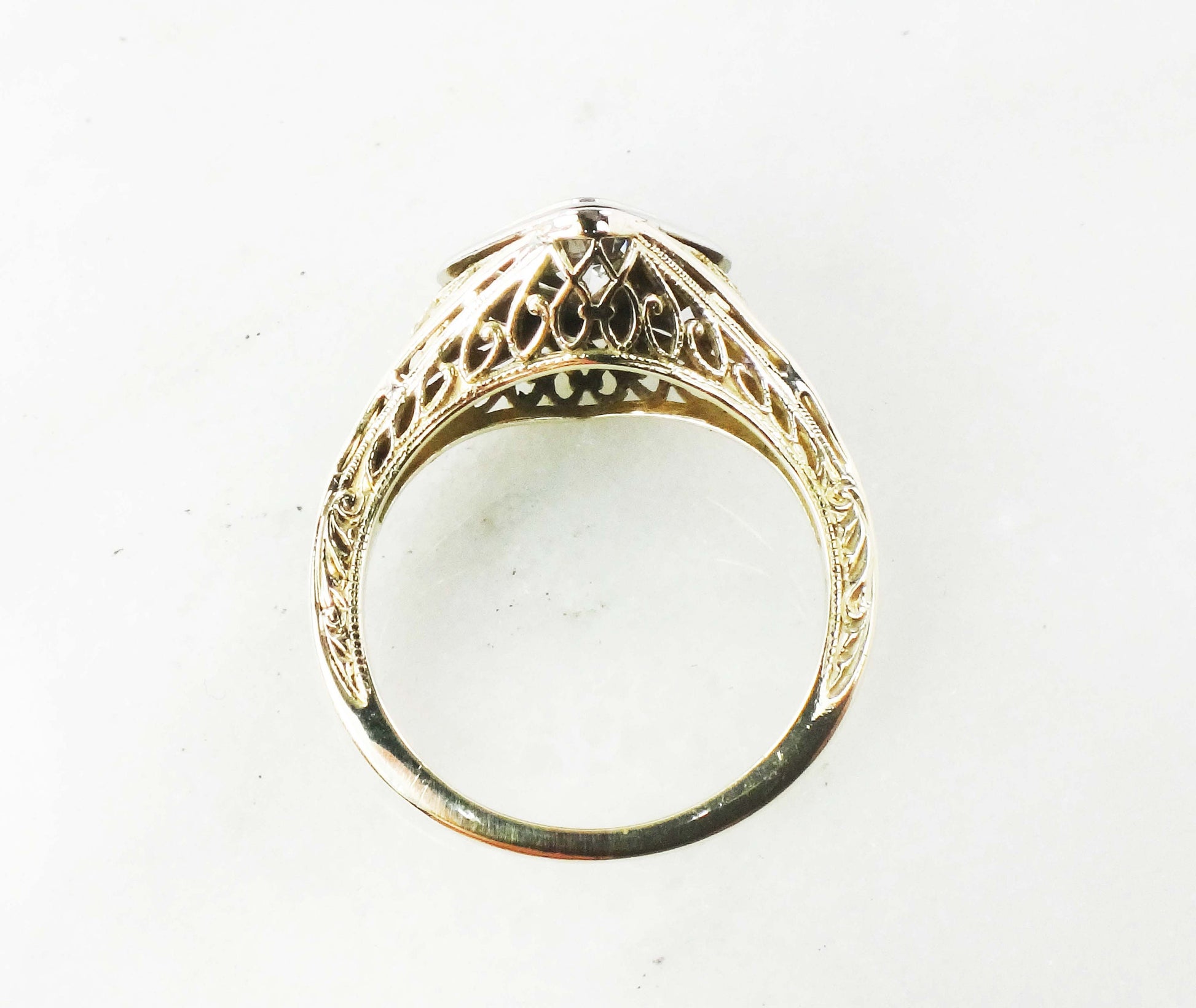 Antique 14k Gold Diamond Engagement Ring: Art Deco Filigree, Circa 1930