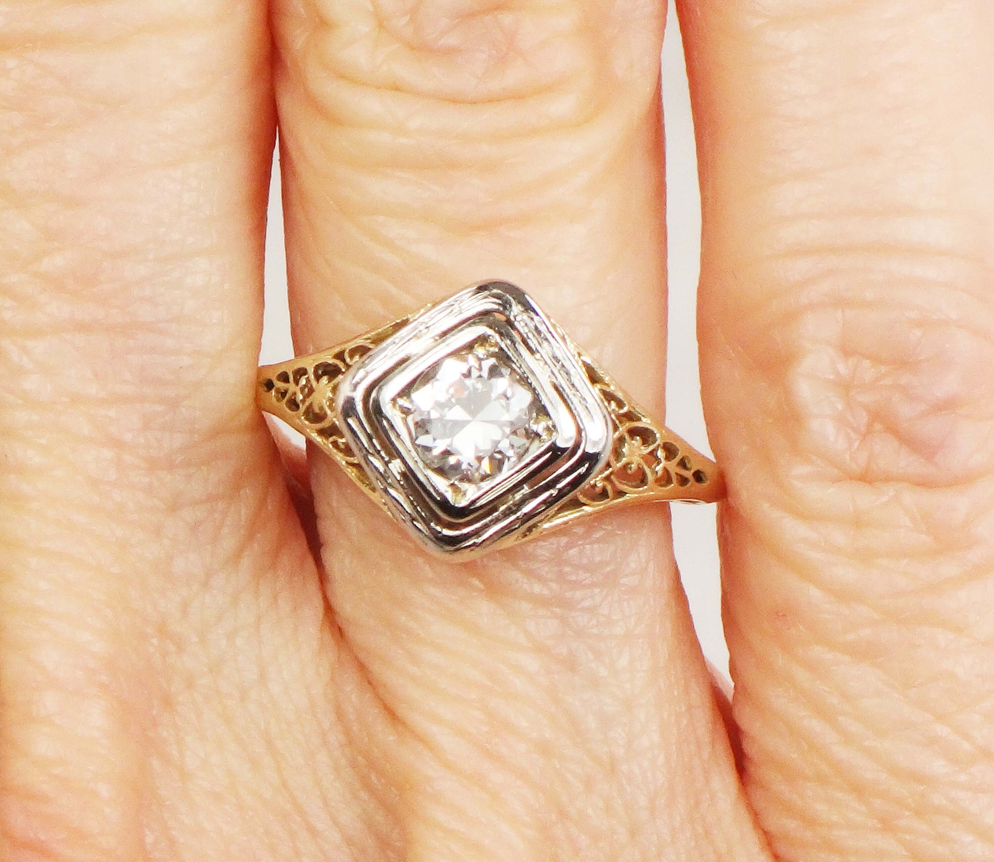 Antique 14k Gold Diamond Engagement Ring: Art Deco Filigree, Circa 1930