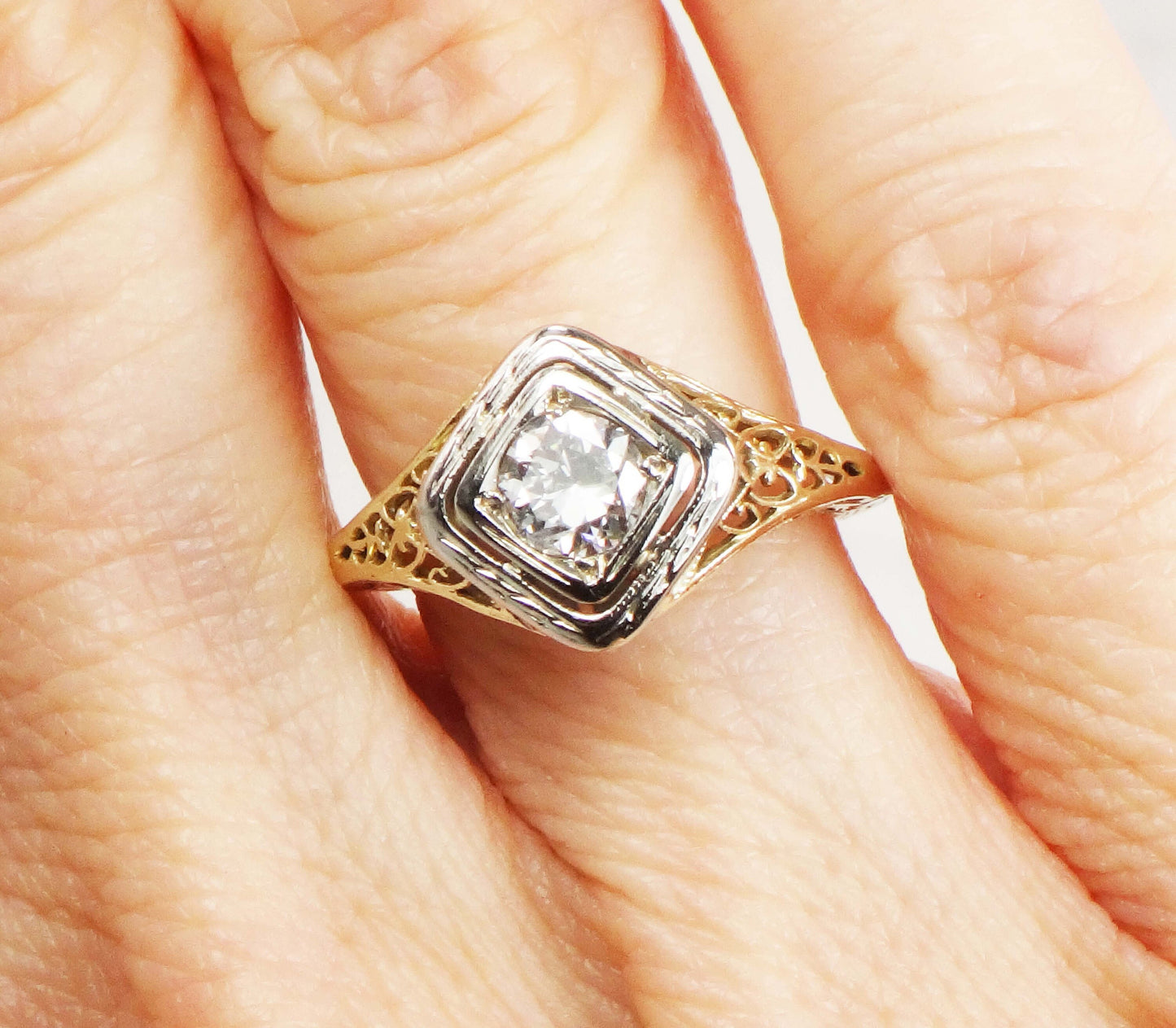 Antique 14k Gold Diamond Engagement Ring: Art Deco Filigree, Circa 1930