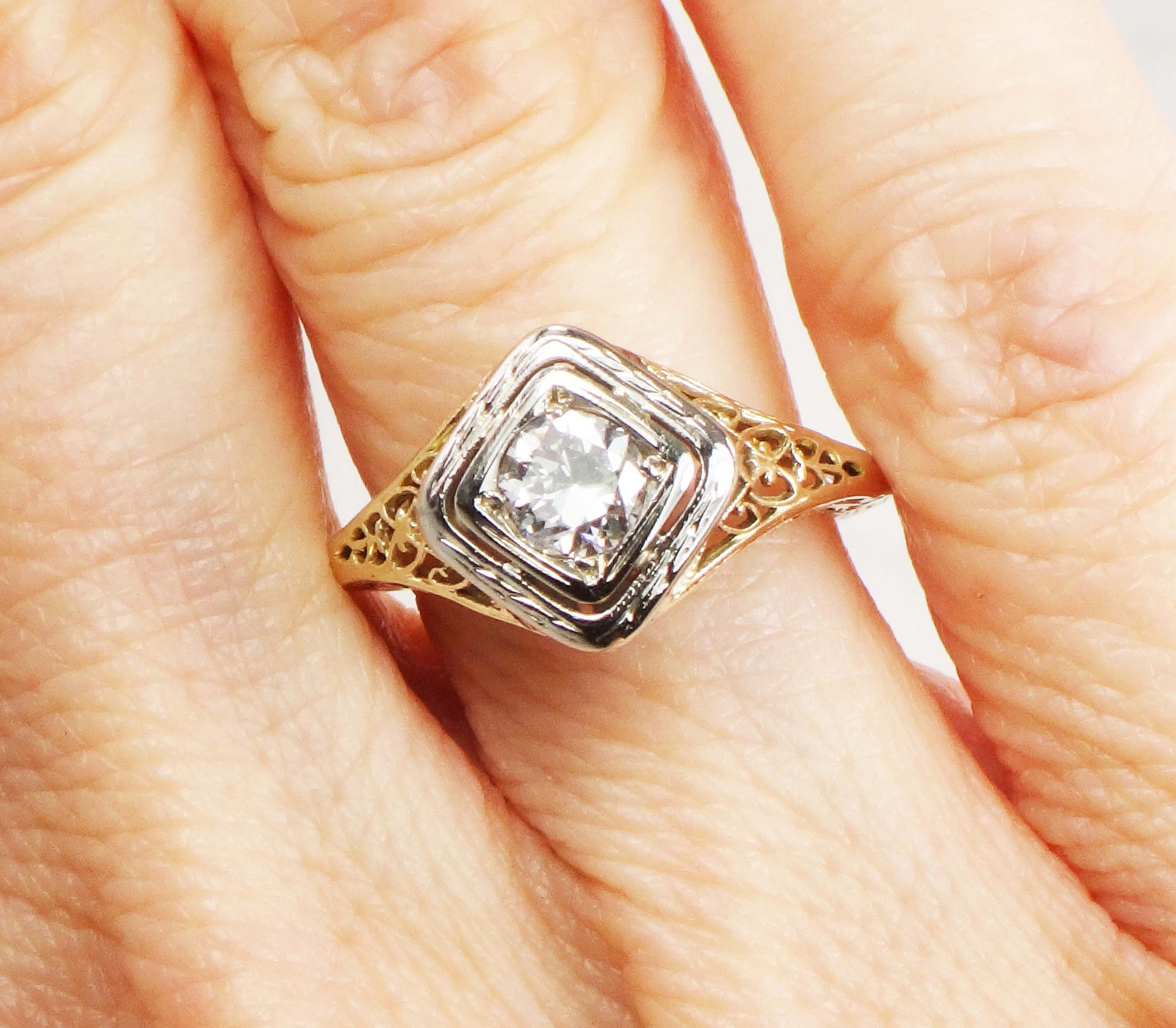 Antique 14k Gold Diamond Engagement Ring: Art Deco Filigree, Circa 1930