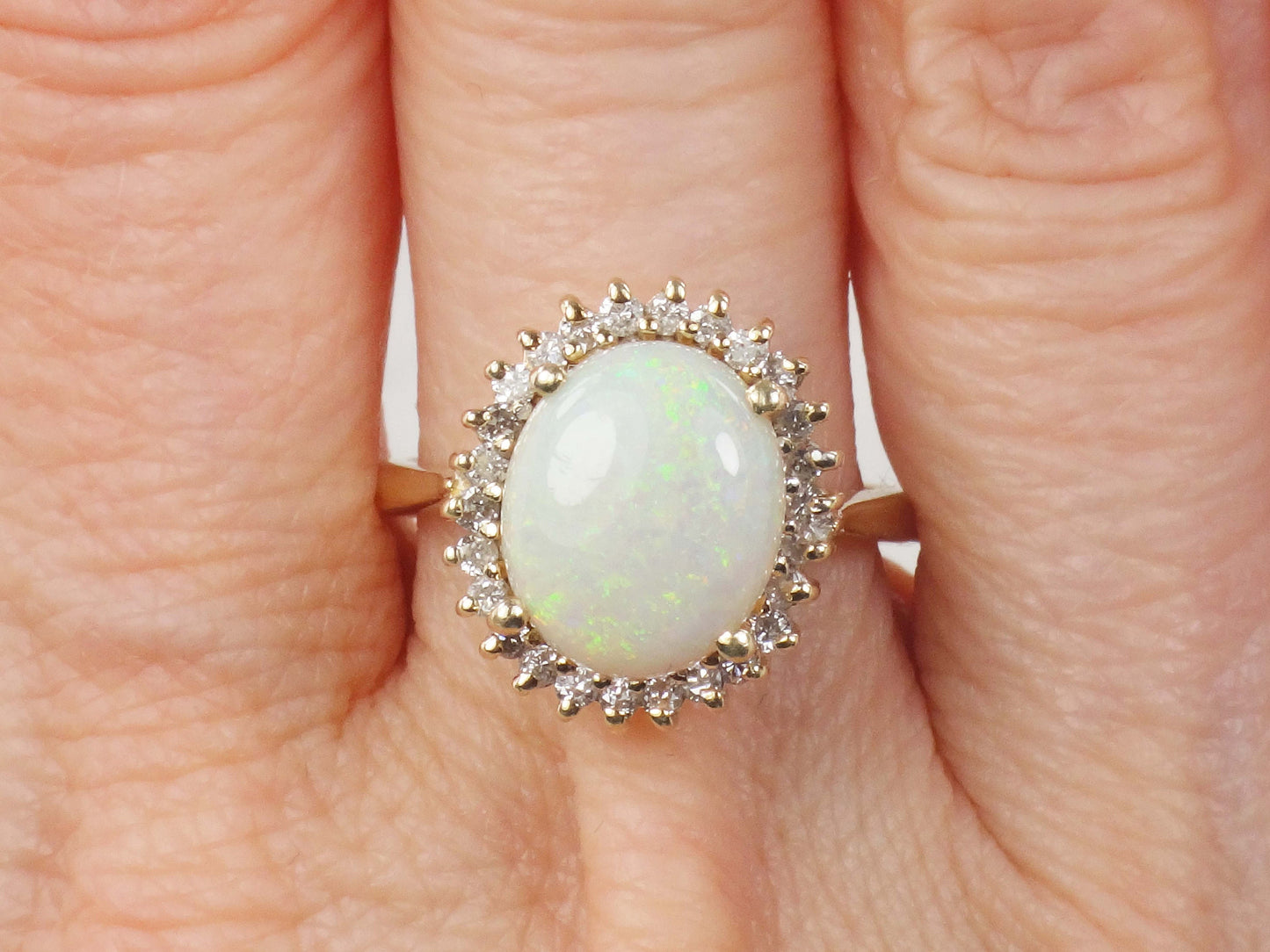 Vintage 14k Yellow Gold Natural Opal Ring with Diamond Halo Australian Opal Ring October Birthstone
