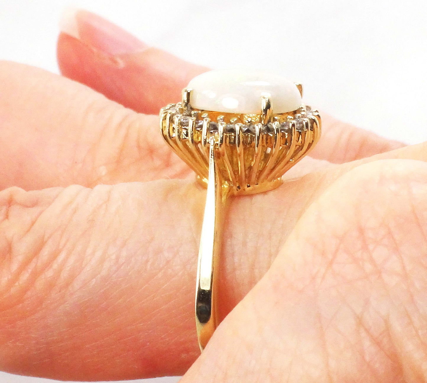 Vintage 14k Yellow Gold Natural Opal Ring with Diamond Halo Australian Opal Ring October Birthstone