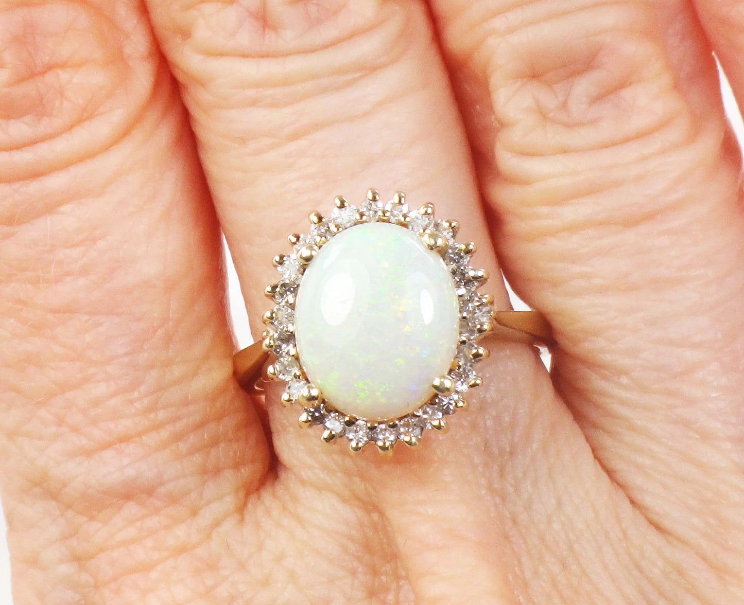 Vintage 14k Yellow Gold Natural Opal Ring with Diamond Halo Australian Opal Ring October Birthstone
