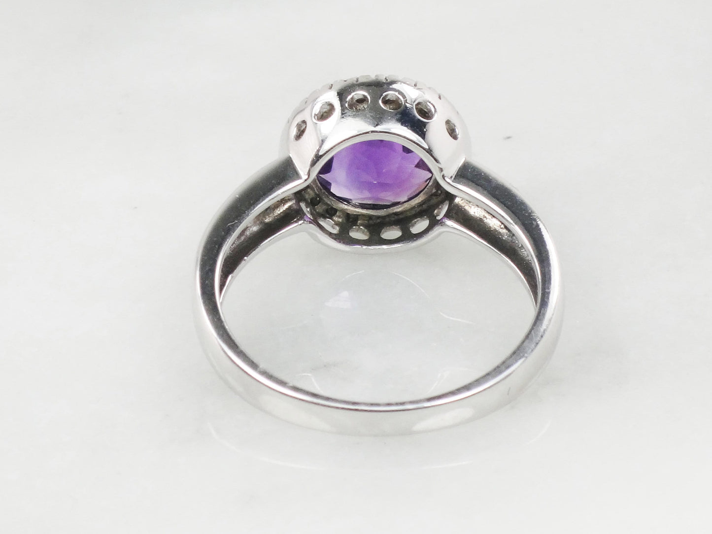 Vintage 14k White Gold Checkerboard Amethyst Ring with Diamond Halo - Size 7