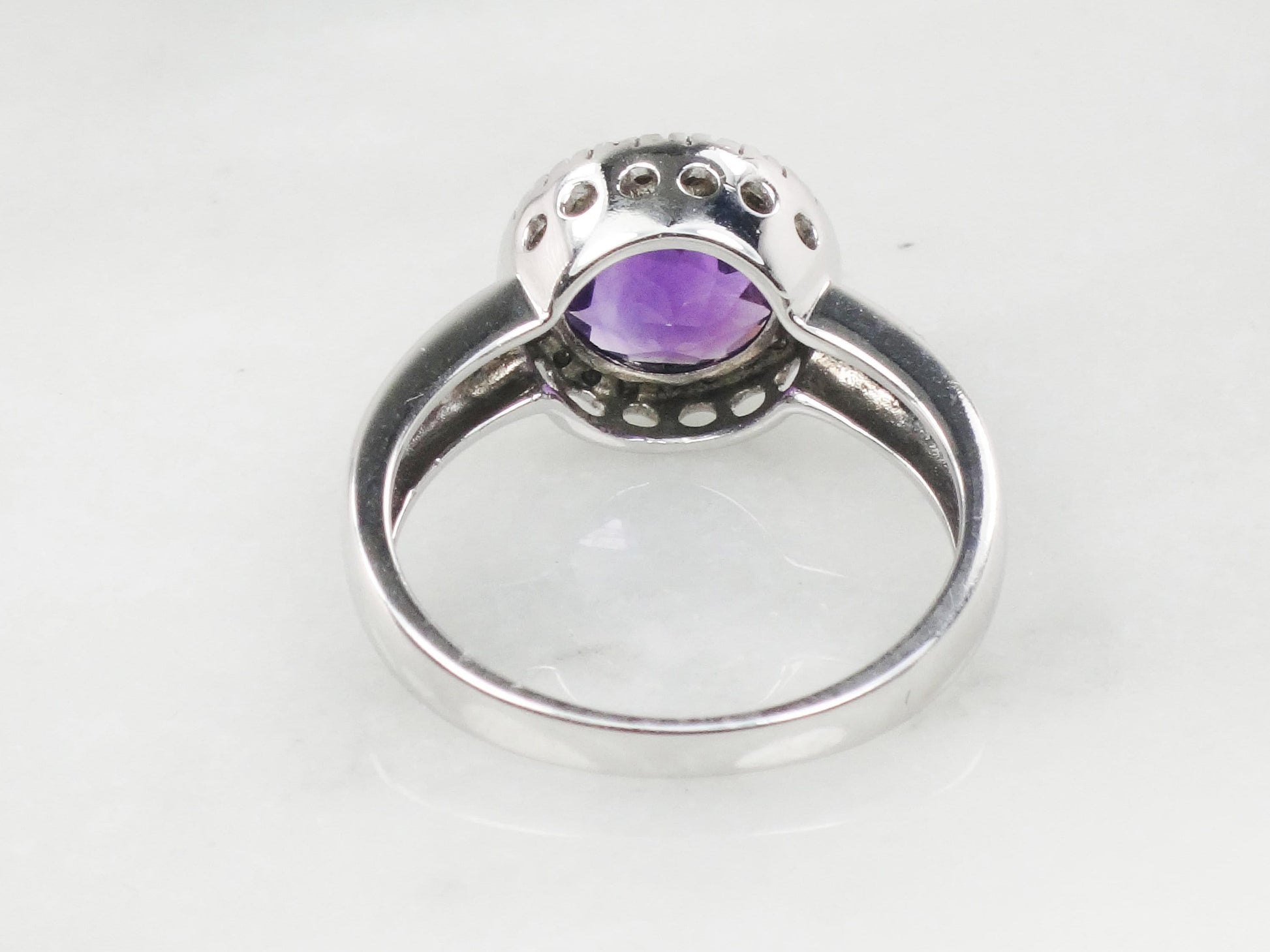 Vintage 14k White Gold Checkerboard Amethyst Ring with Diamond Halo - Size 7