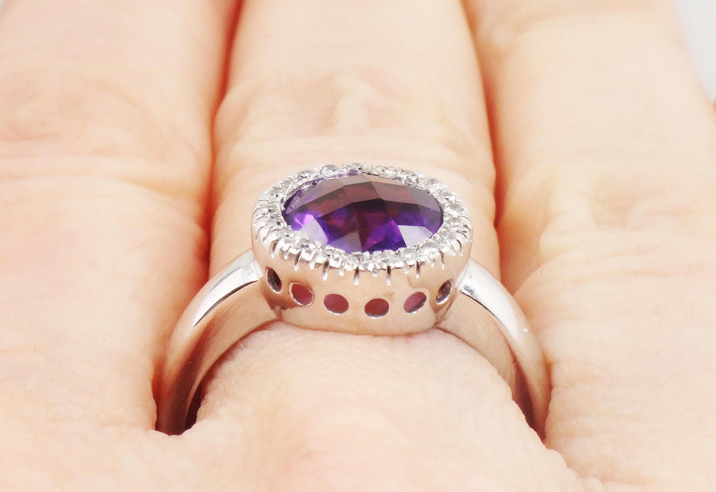 Vintage 14k White Gold Natural Amethyst Ring Checkerboard Cut Amethyst with Diamond Halo Purple February Birthstone Ring Size 7