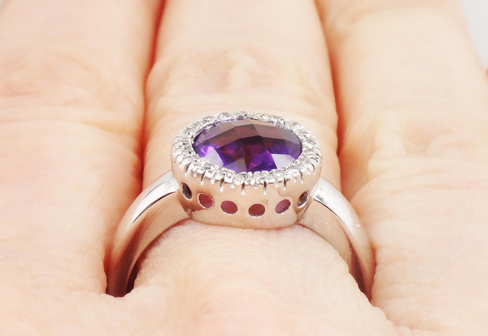 Vintage 14k White Gold Checkerboard Amethyst Ring with Diamond Halo - Size 7