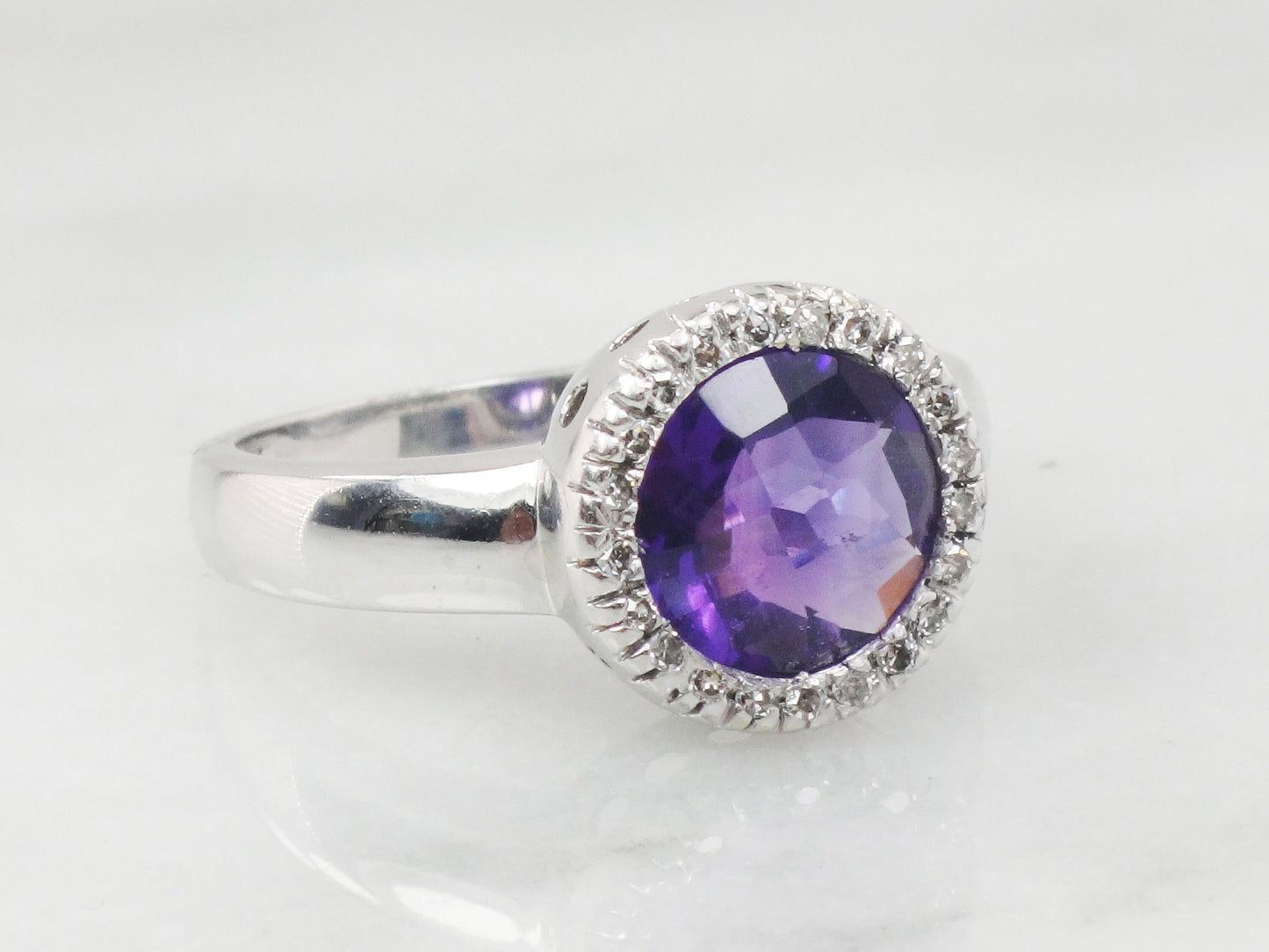 Vintage 14k White Gold Natural Amethyst Ring Checkerboard Cut Amethyst with Diamond Halo Purple February Birthstone Ring Size 7