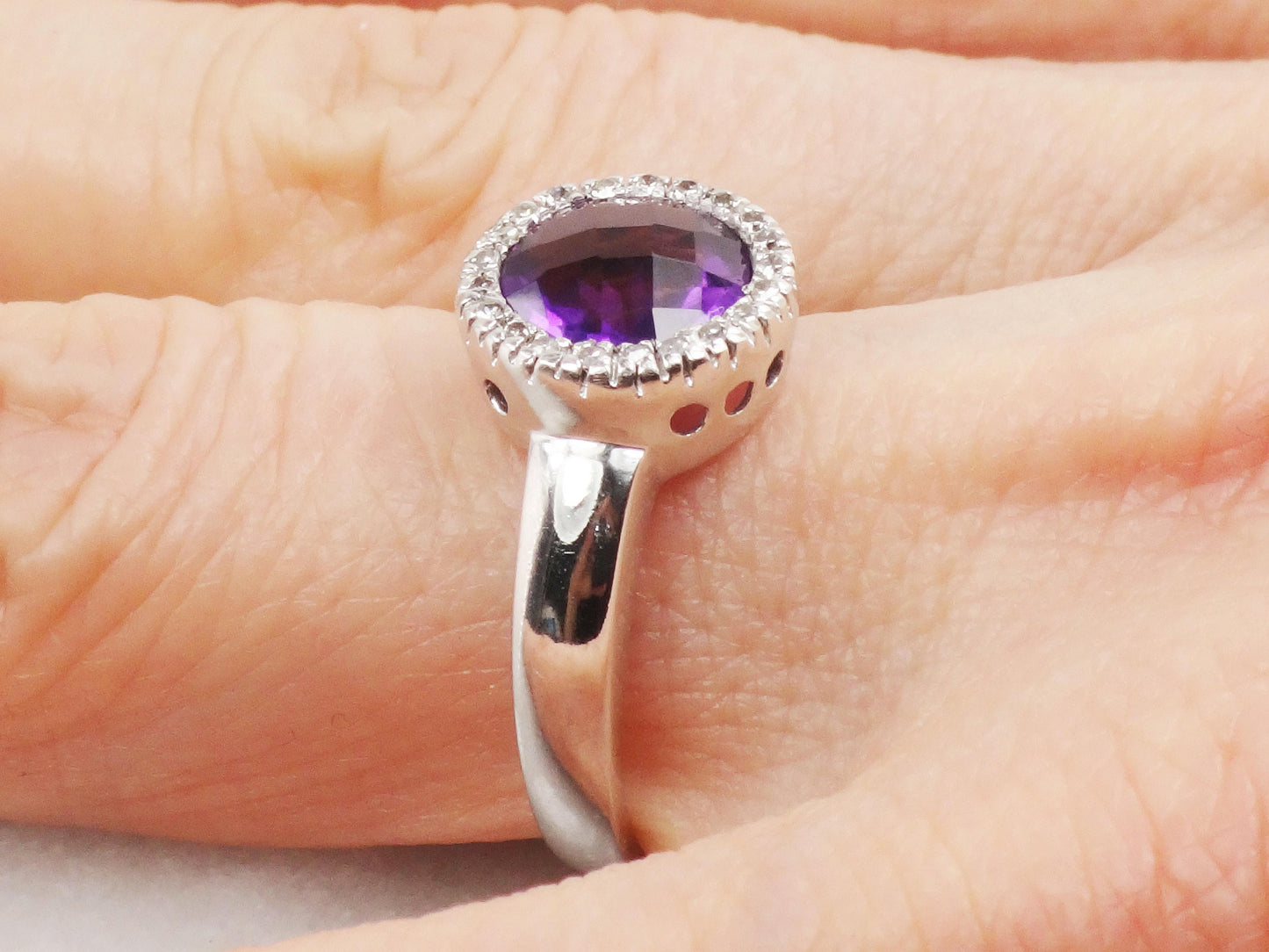 Vintage 14k White Gold Natural Amethyst Ring Checkerboard Cut Amethyst with Diamond Halo Purple February Birthstone Ring Size 7