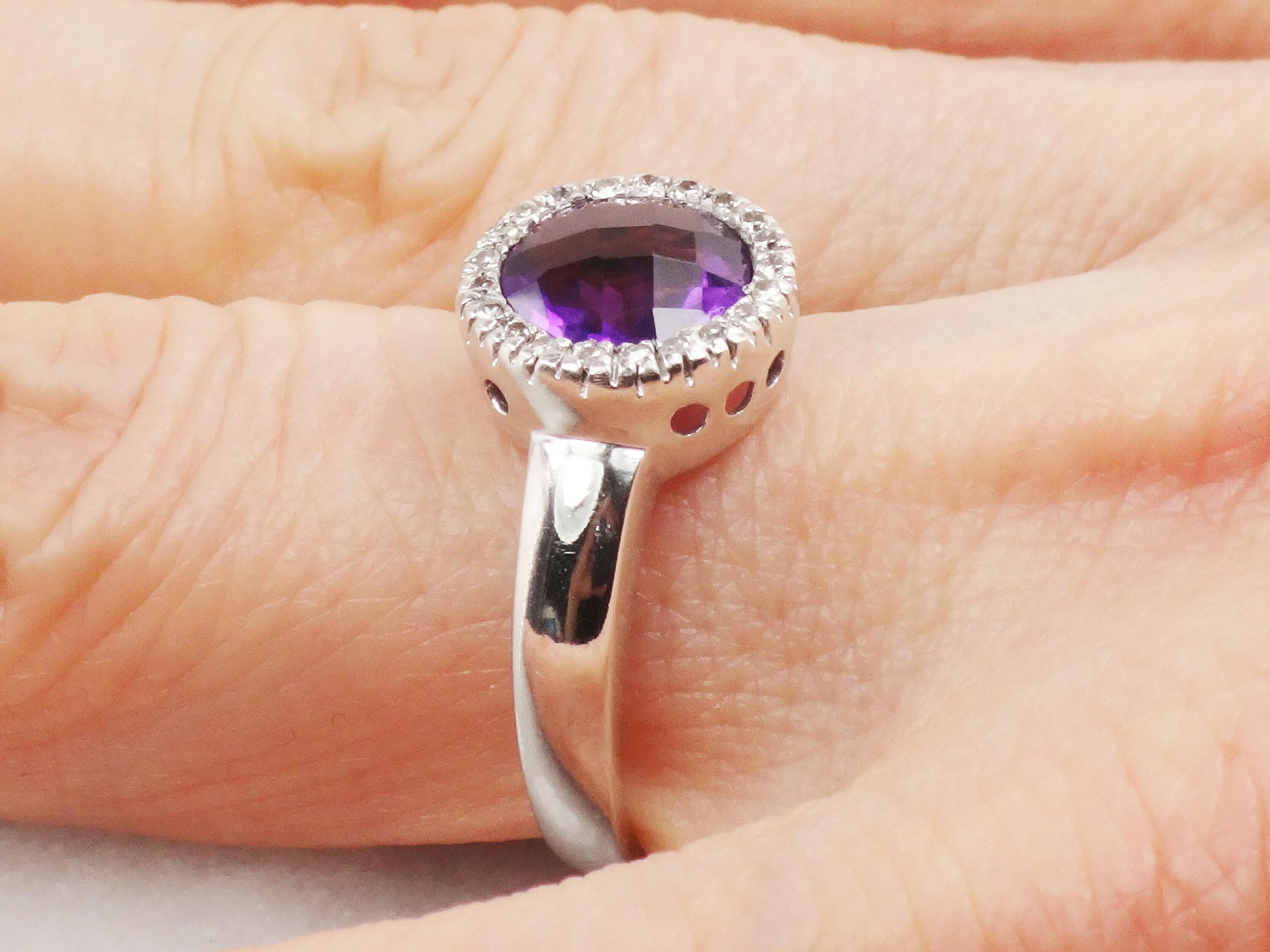 Vintage 14k White Gold Checkerboard Amethyst Ring with Diamond Halo - Size 7