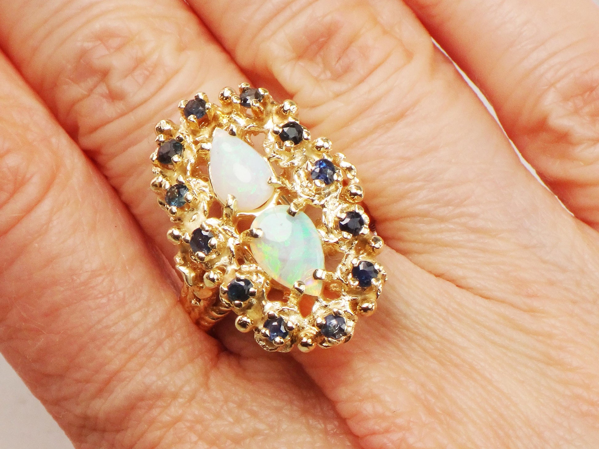 Vintage 14k Yellow Gold Natural Opal and Sapphire Ring, October Birthstone