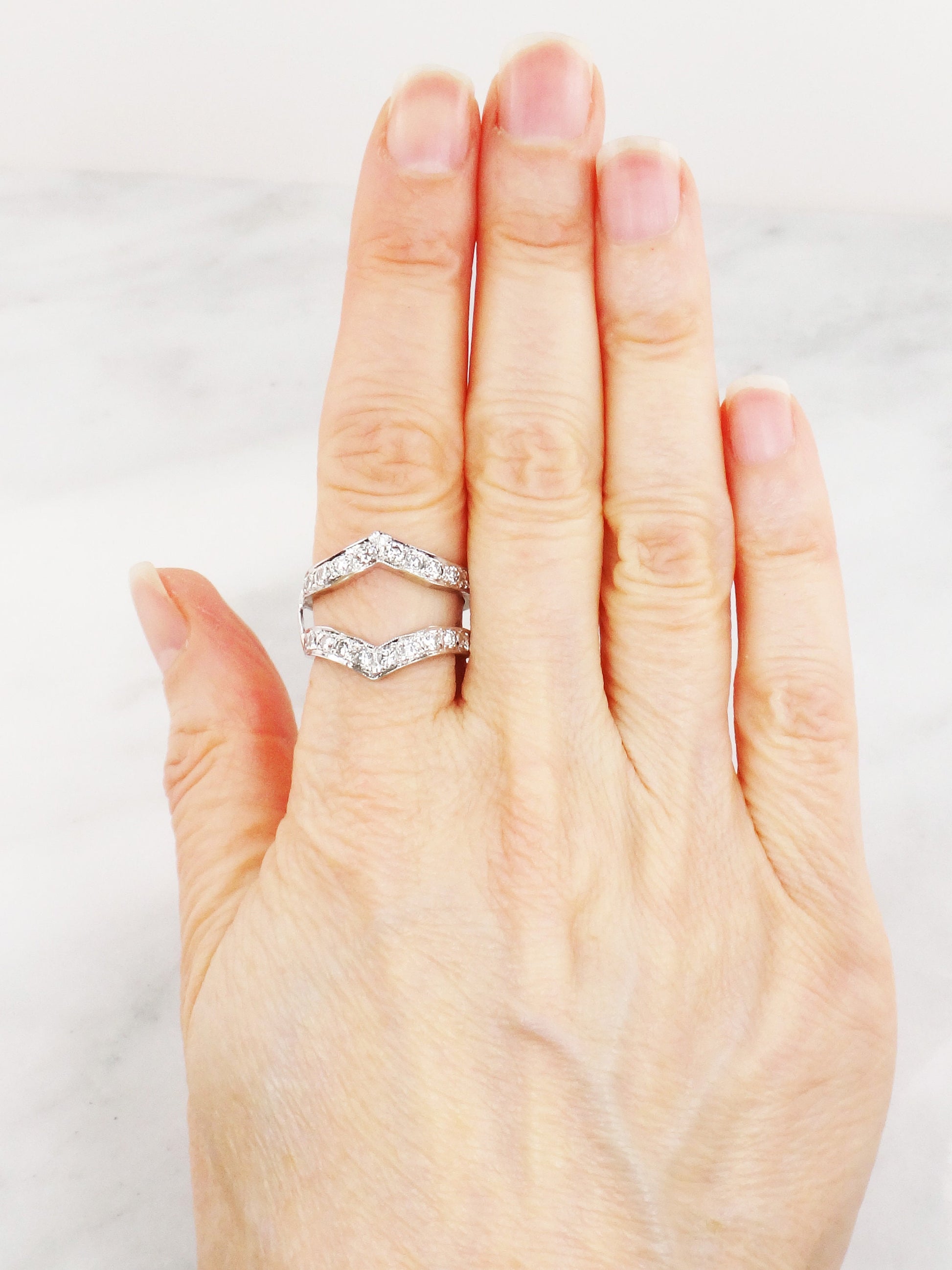 Vintage Diamond Insert Ring: 14k White Gold Jacket Wedding Band, Size 6.75