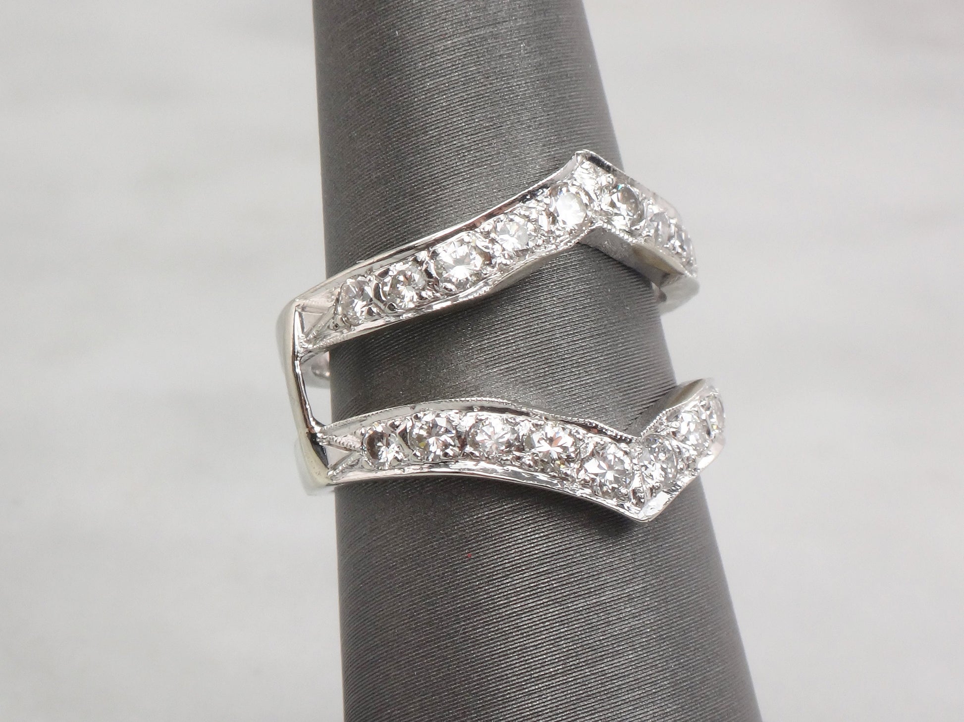 Vintage Diamond Insert Ring: 14k White Gold Jacket Wedding Band, Size 6.75