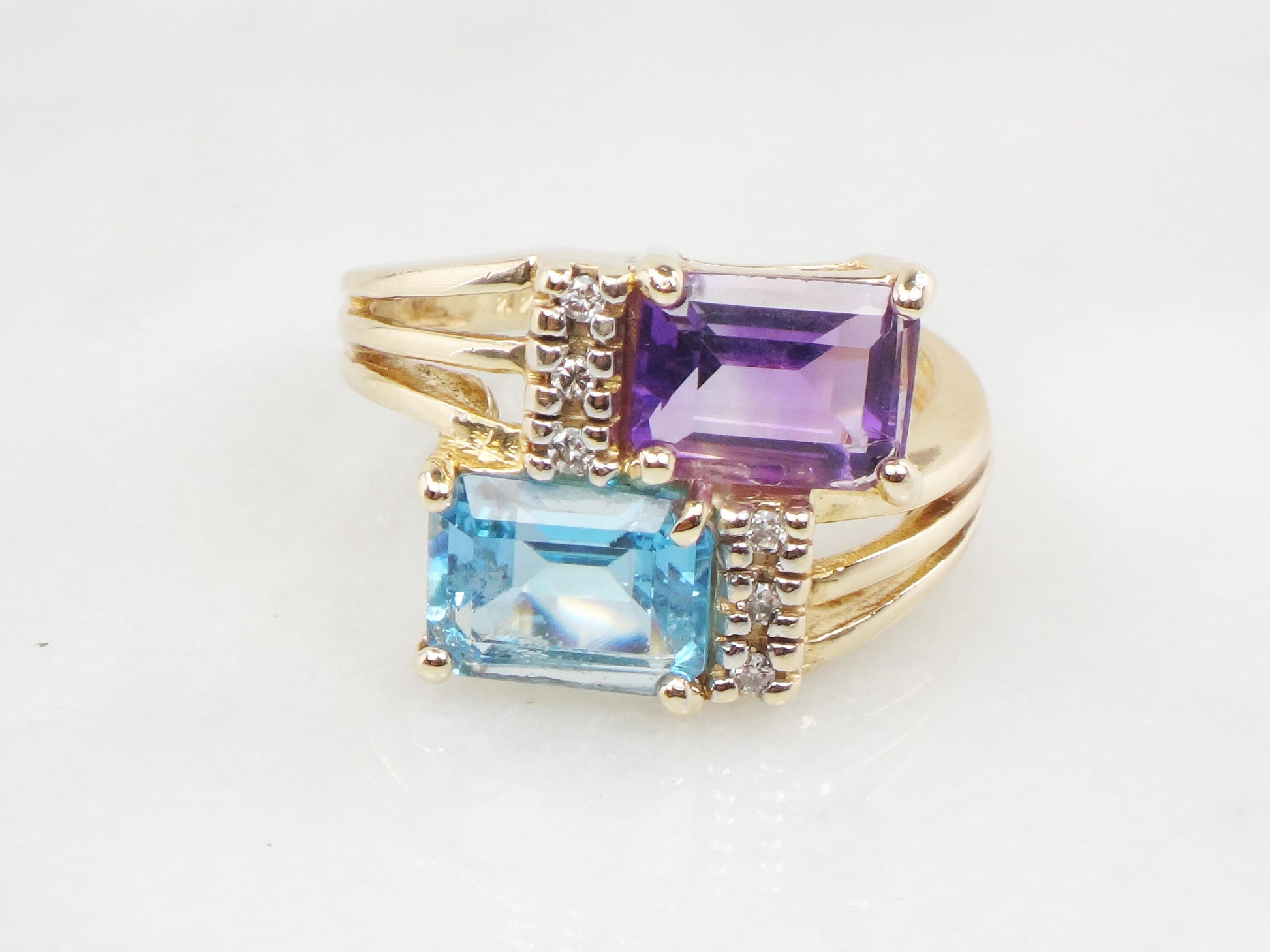 Vintage 14k Yellow Gold Bypass Ring: Blue Topaz, Amethyst & Diamond, Size 5 3/4