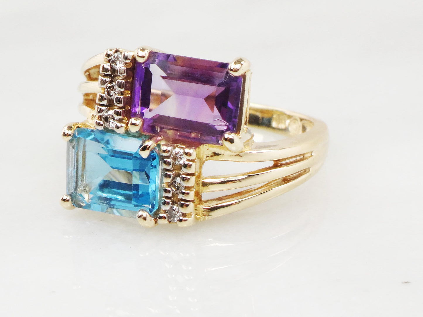 Vintage 14k Yellow Blue Topaz and Amethyst Ring with Diamonds, Modern Bypass Ring, Size 5 3/4