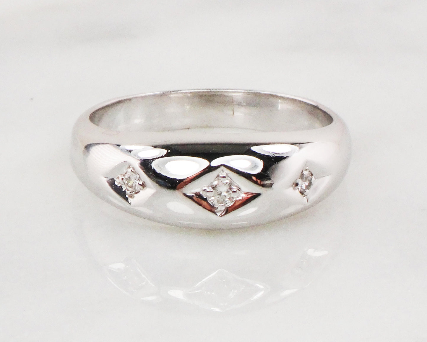 Vintage 14k White Gold Natural Diamond Wedding Band Three Stone Ring Men's Diamond Ring Unisex Size 11 1/4