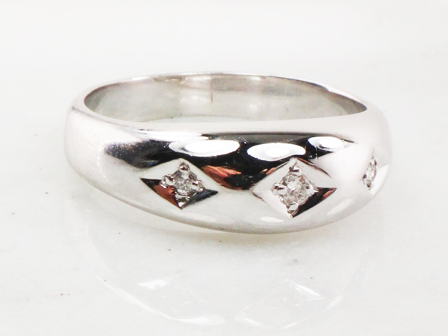 Vintage 14k White Gold Natural Diamond Wedding Band Three Stone Ring Men's Diamond Ring Unisex Size 11 1/4