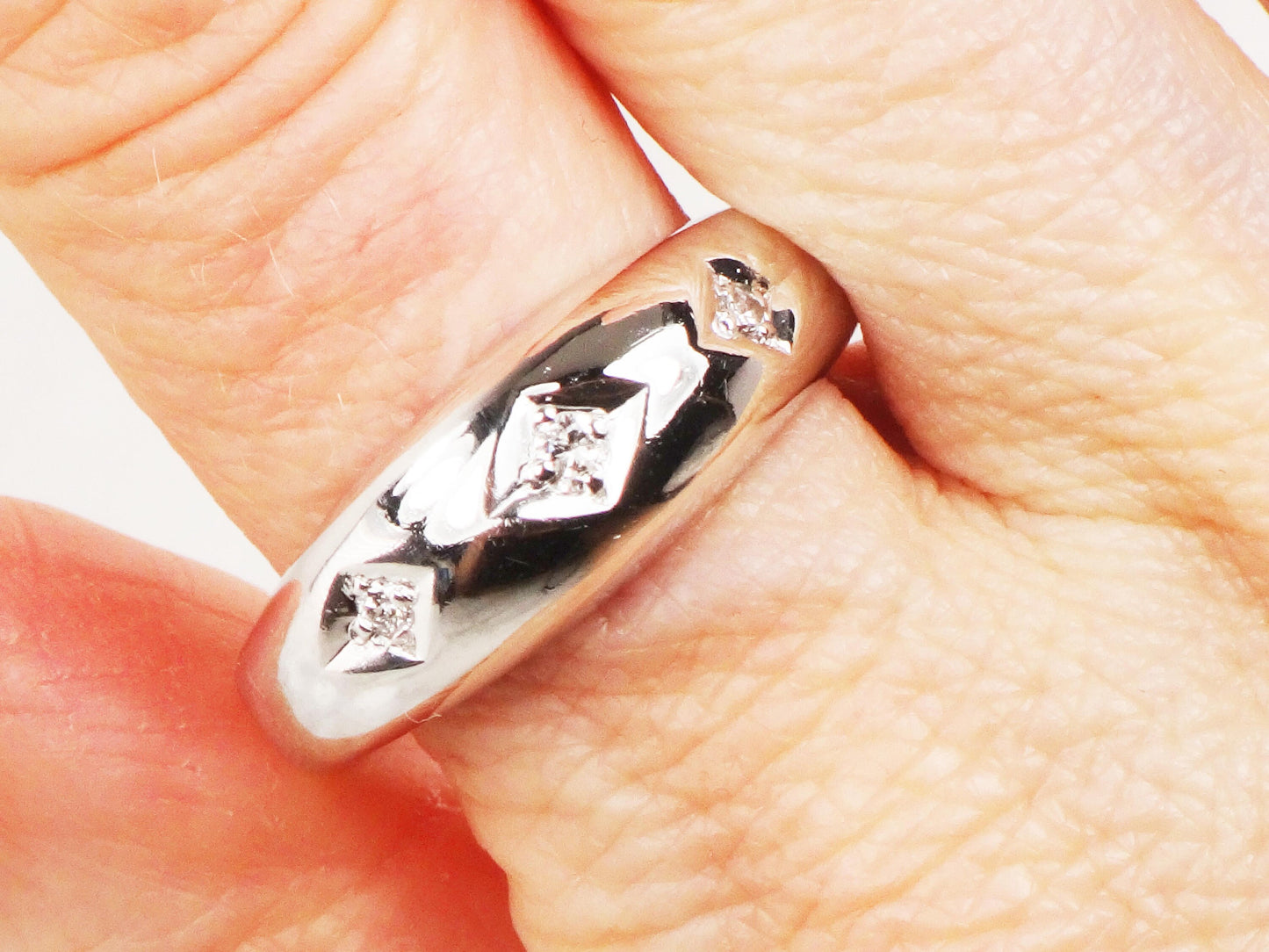 Vintage 14k White Gold Natural Diamond Wedding Band Three Stone Ring Men's Diamond Ring Unisex Size 11 1/4