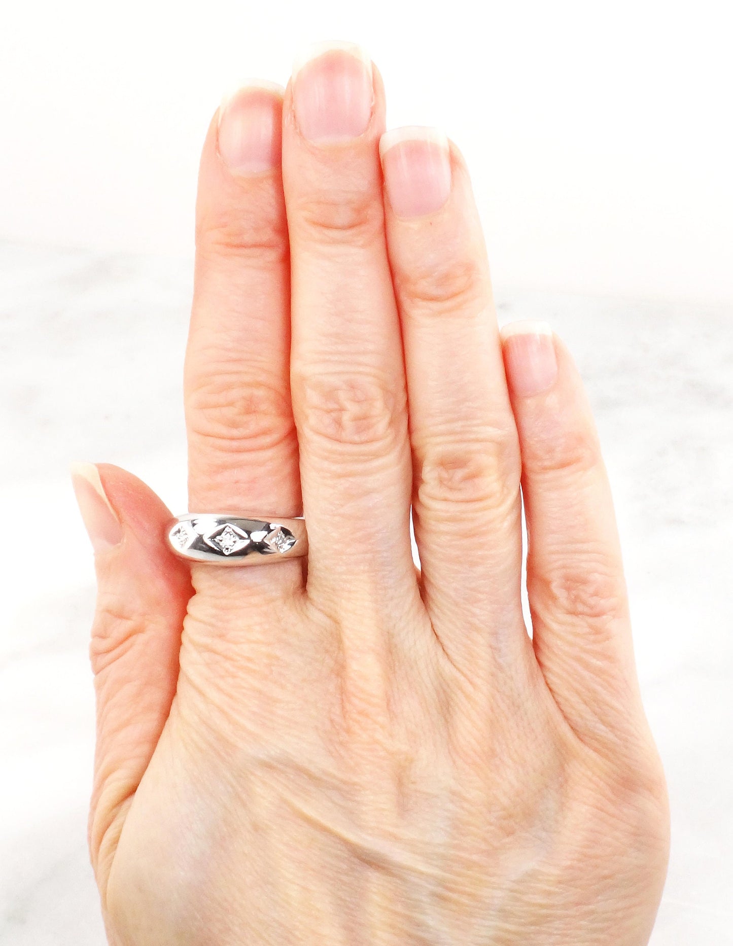 Vintage 14k White Gold Natural Diamond Wedding Band Three Stone Ring Men's Diamond Ring Unisex Size 11 1/4