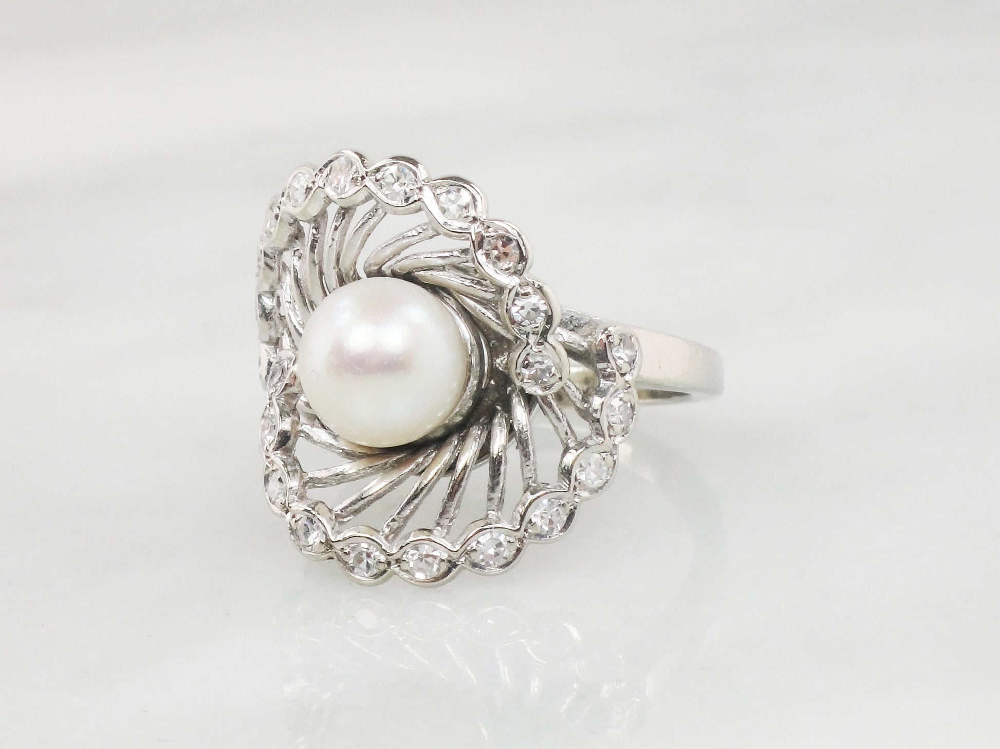 Vintage Saltwater Pearl Diamond Ring: 14k White Gold, Size 5.75, 7.5 MM