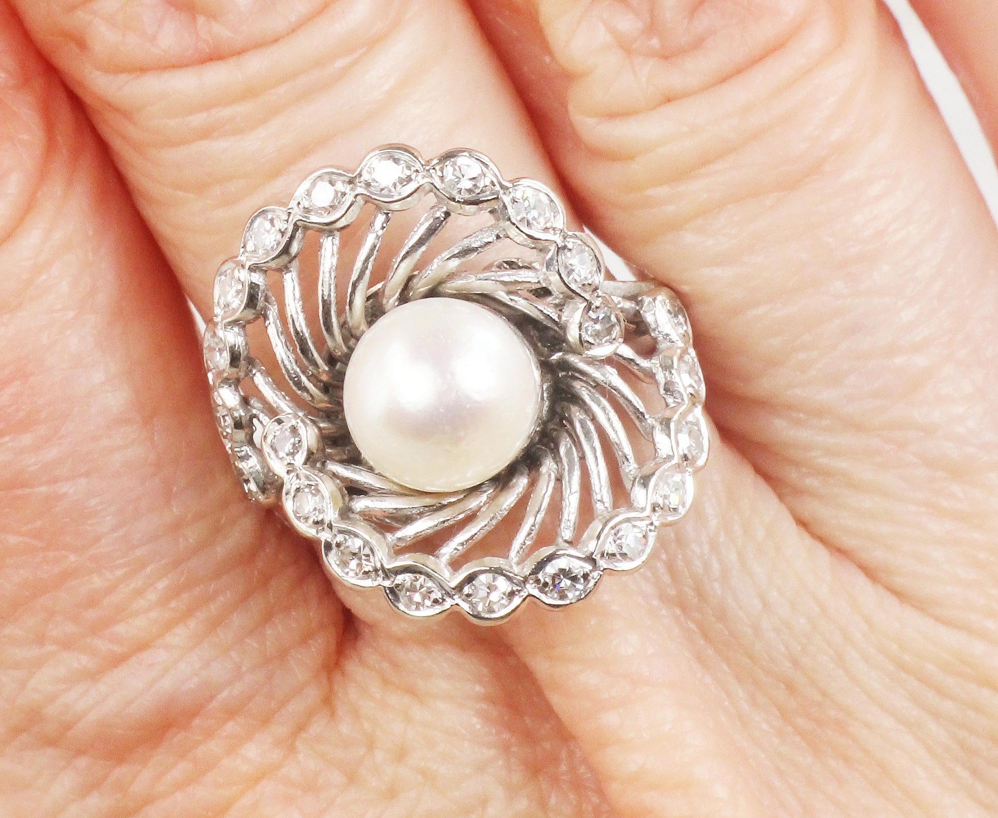 Vintage Saltwater Pearl Diamond Ring: 14k White Gold, Size 5.75, 7.5 MM