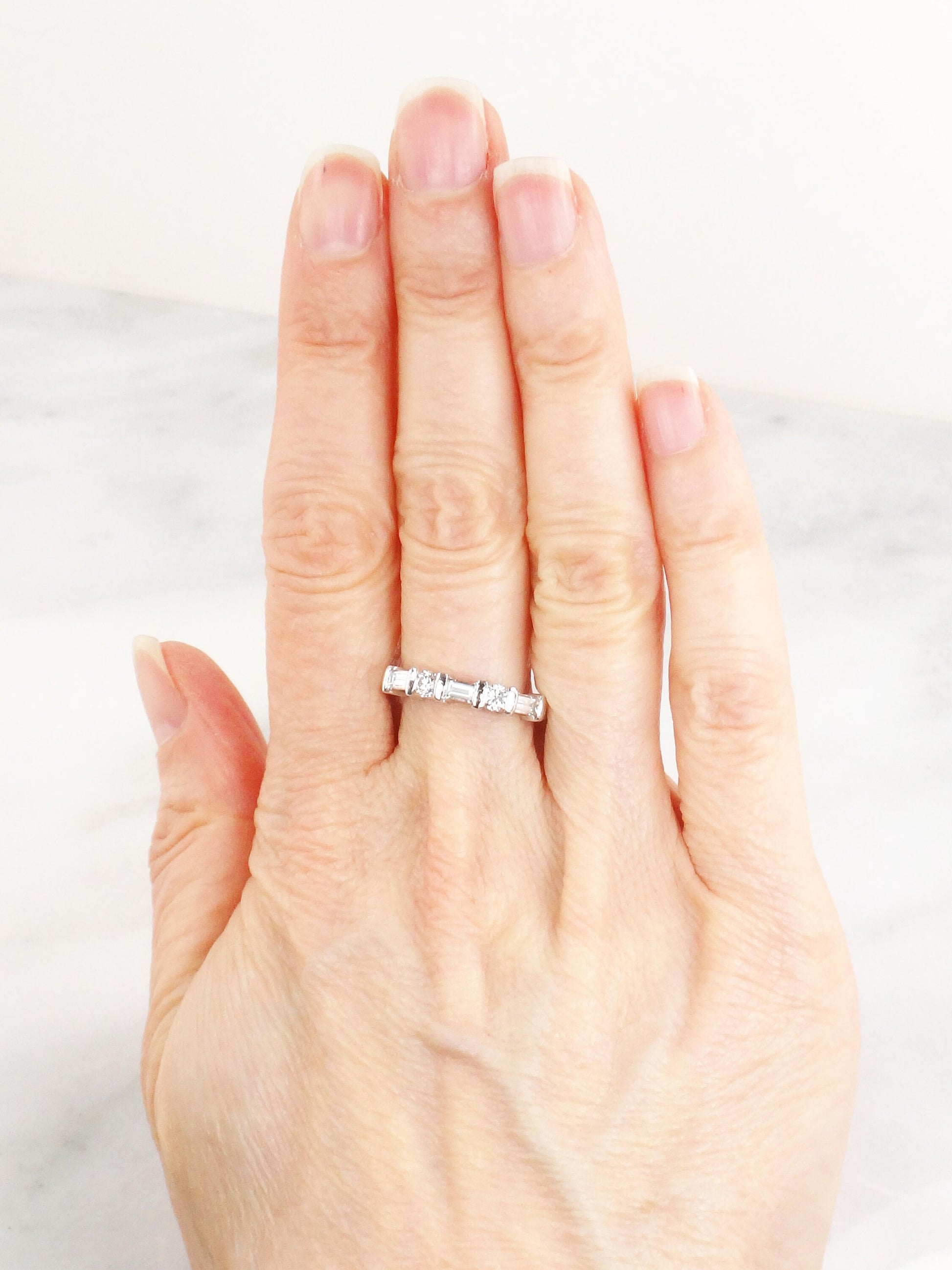 Vintage Platinum Diamond Wedding Band: Baguette & Round Cut, Size 6.5