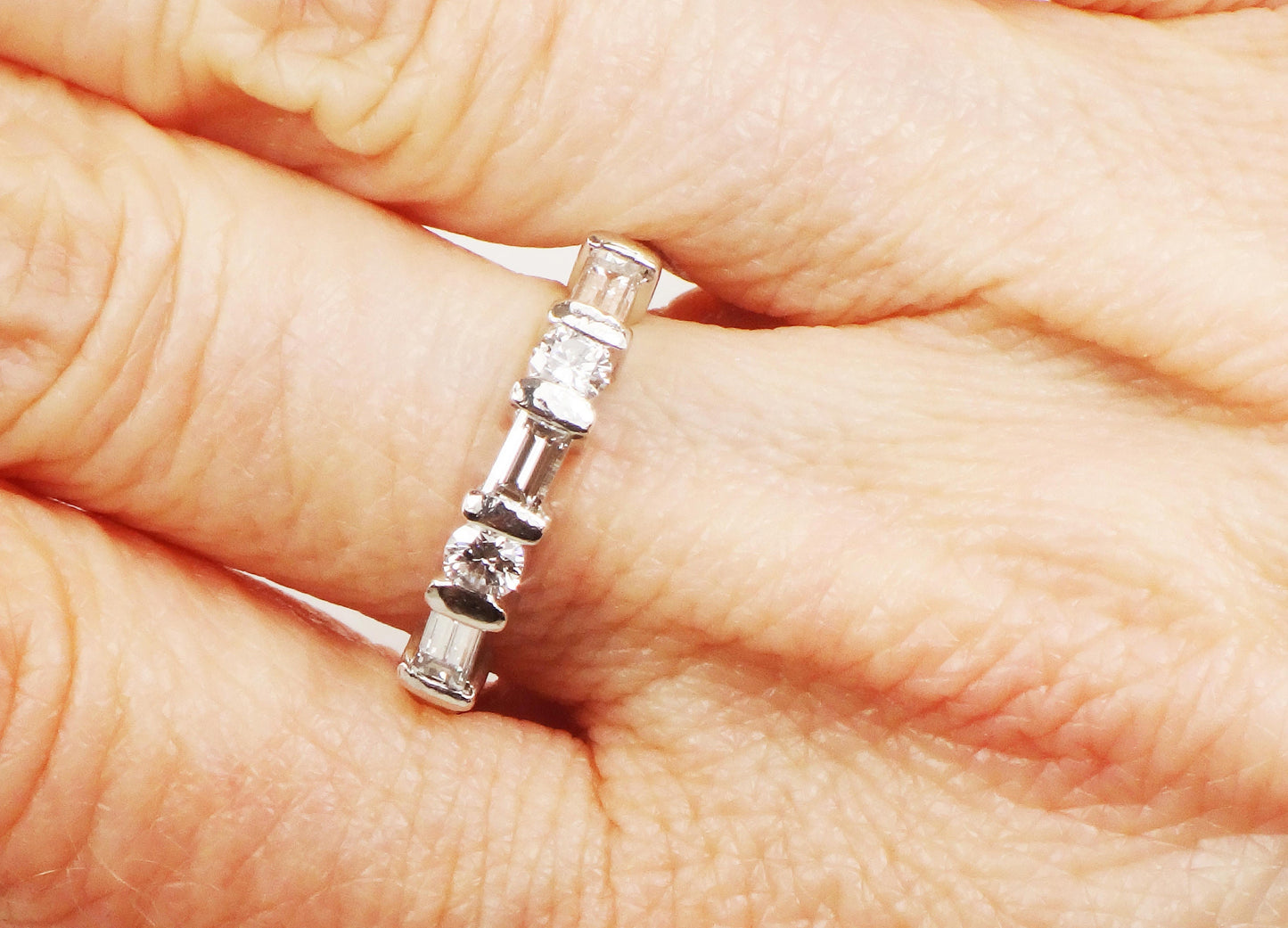 Vintage Platinum Diamond Wedding Band: Baguette & Round Cut, Size 6.5