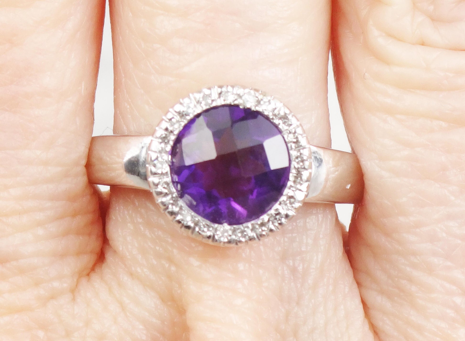Vintage 14k White Gold Checkerboard Amethyst Ring with Diamond Halo - Size 7