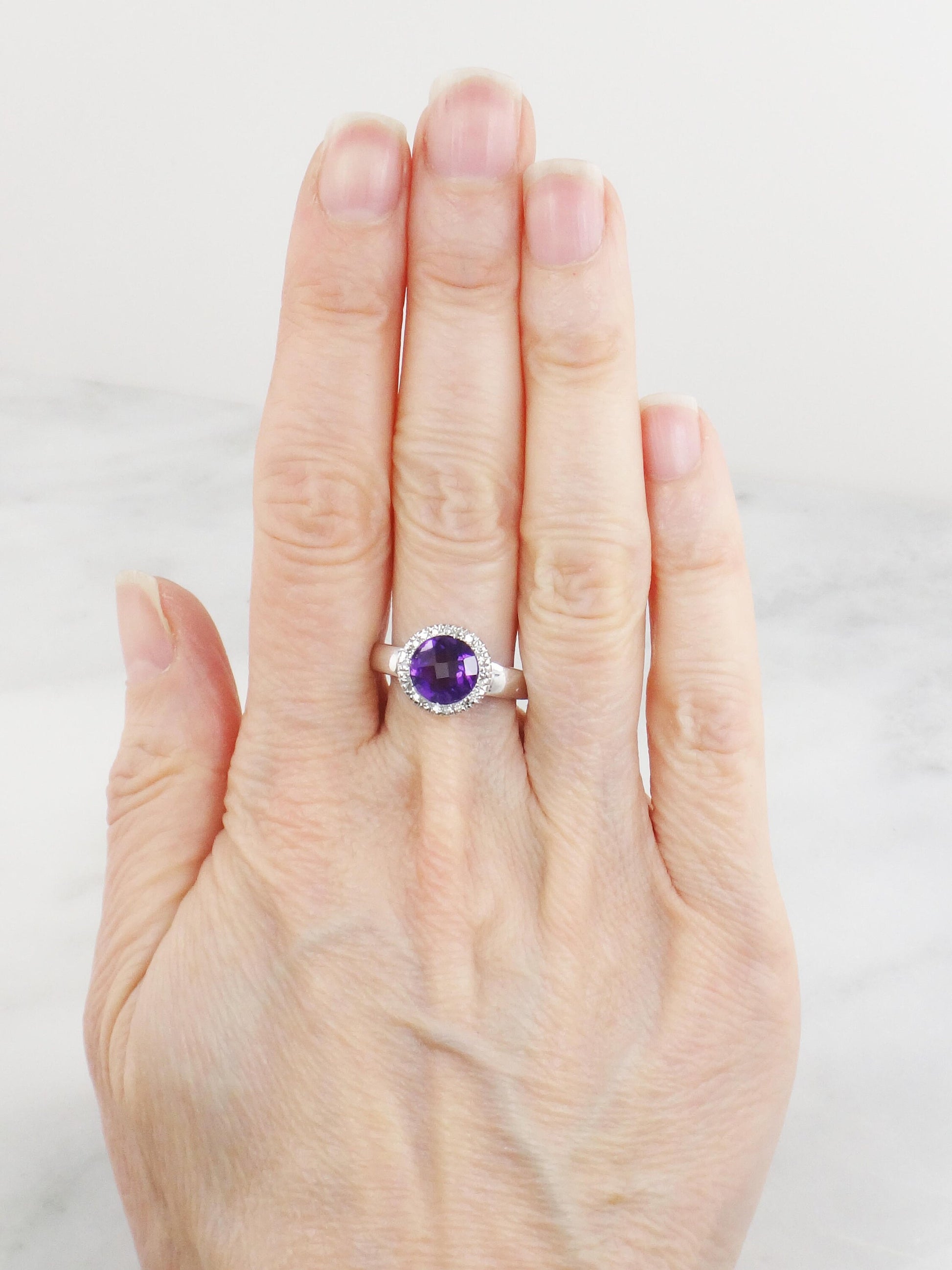 Vintage 14k White Gold Checkerboard Amethyst Ring with Diamond Halo - Size 7
