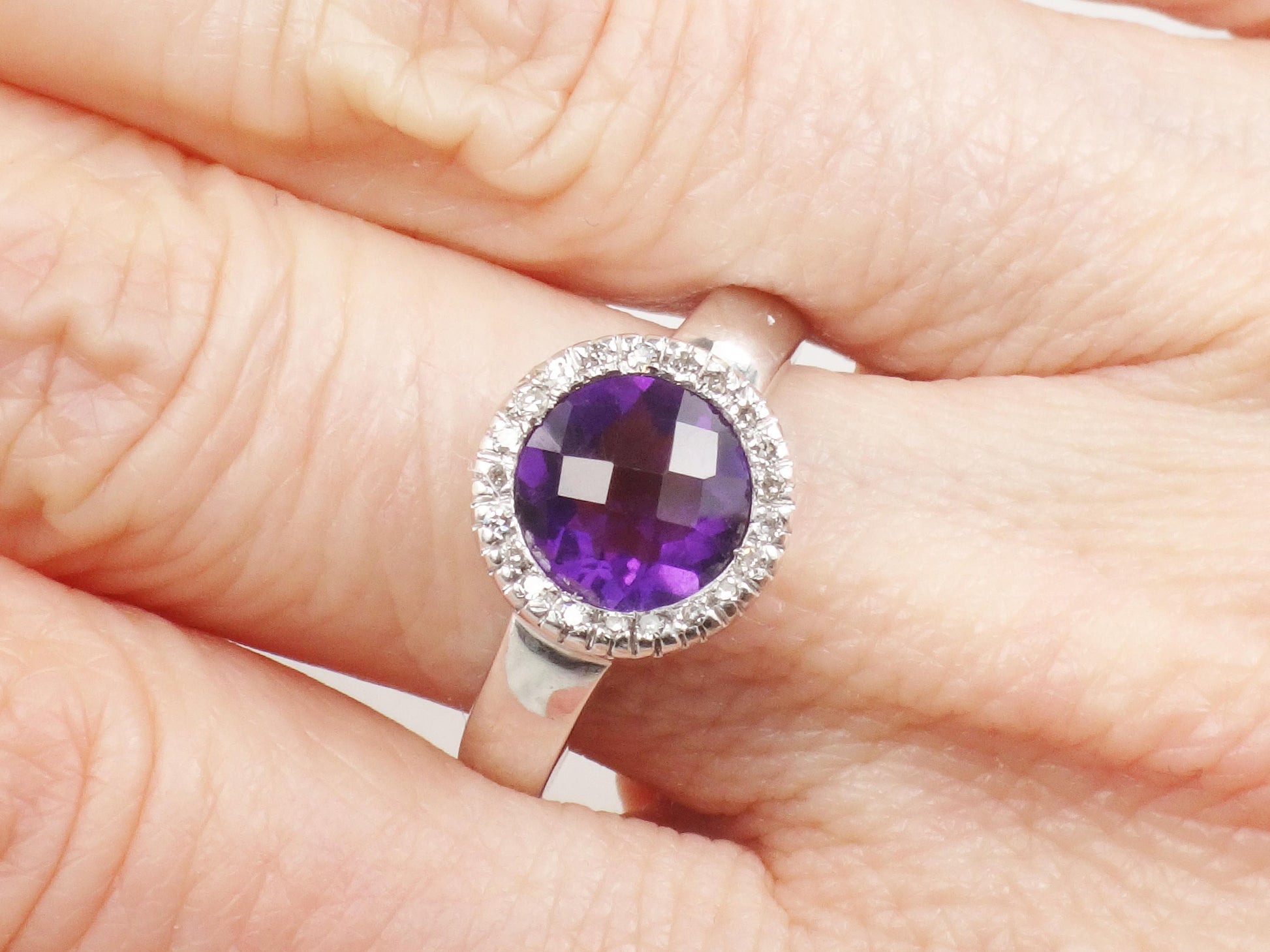 Vintage 14k White Gold Checkerboard Amethyst Ring with Diamond Halo - Size 7