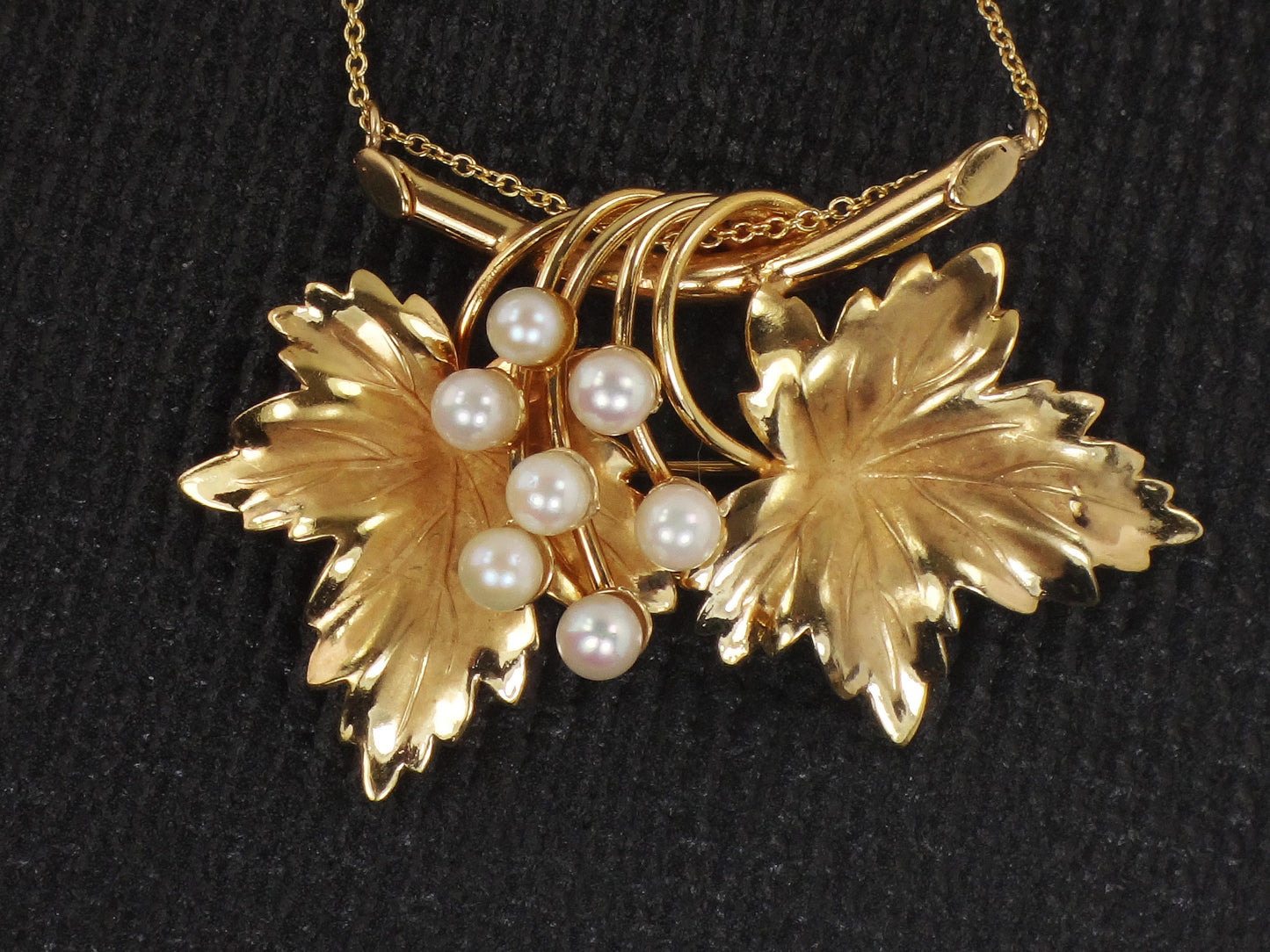 Vintage 14k Pearl Leaf Necklace Carl Art Brooch Conversion Necklace Yellow Gold Leaves Necklace Floral Pearl Pin / Necklace