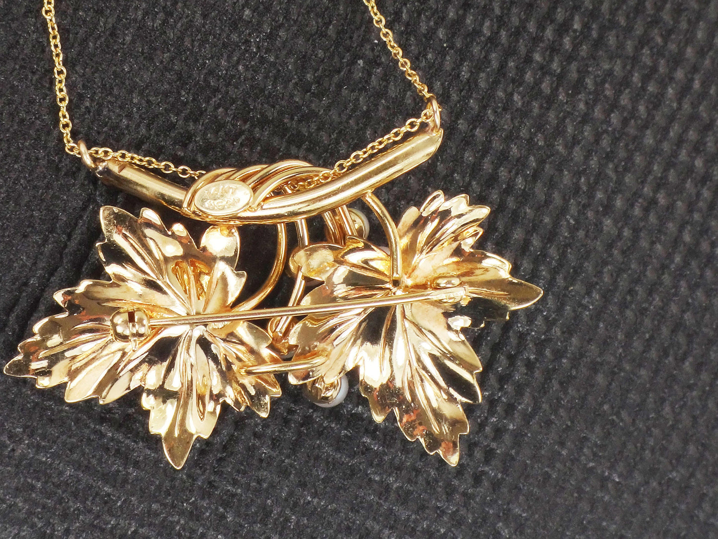 Vintage 14k Pearl Leaf Necklace Carl Art Brooch Conversion Necklace Yellow Gold Leaves Necklace Floral Pearl Pin / Necklace