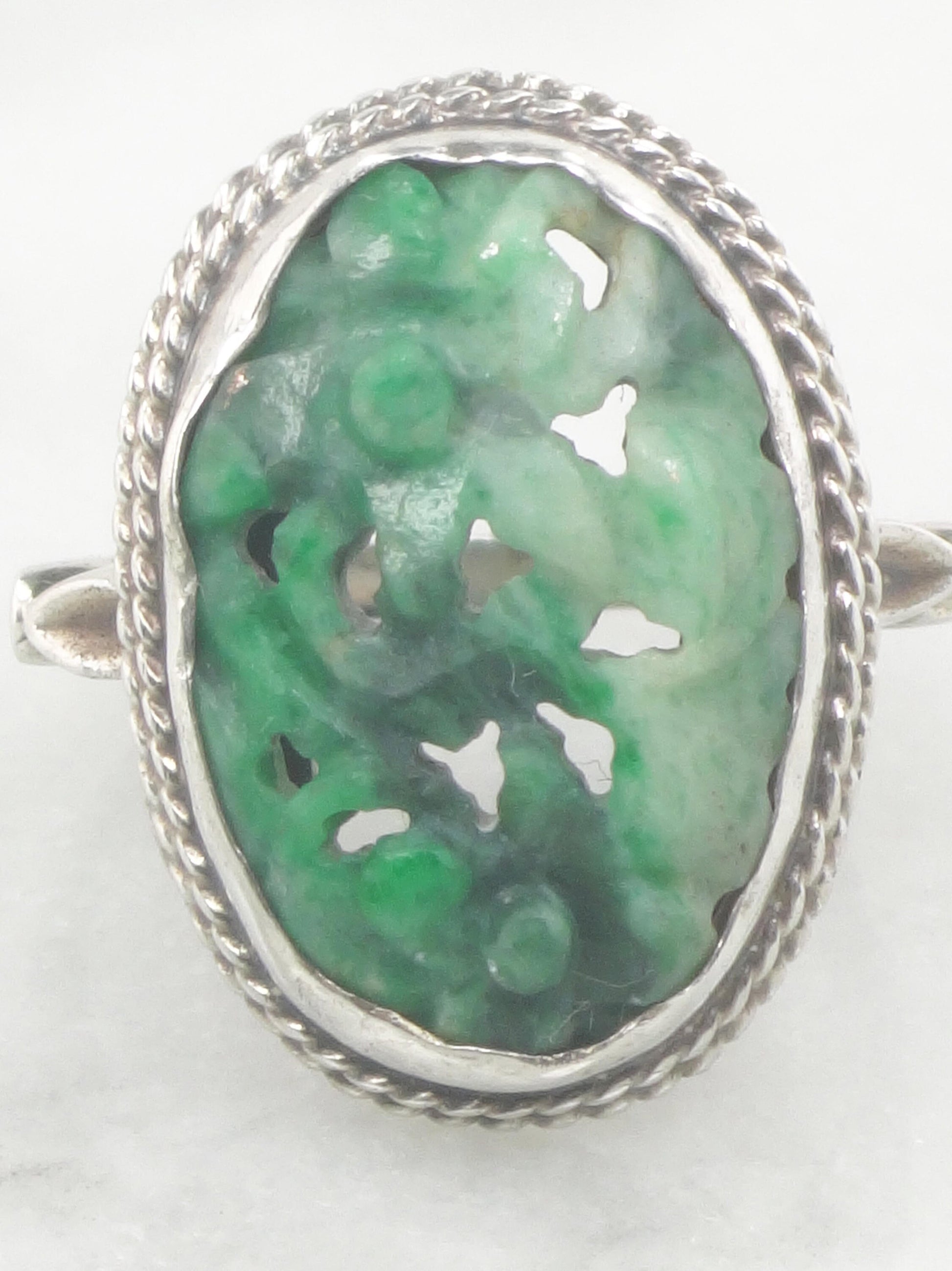 Vintage Carved Jade Ring: Sterling Silver Floral Jadeite, Size 5 3/4