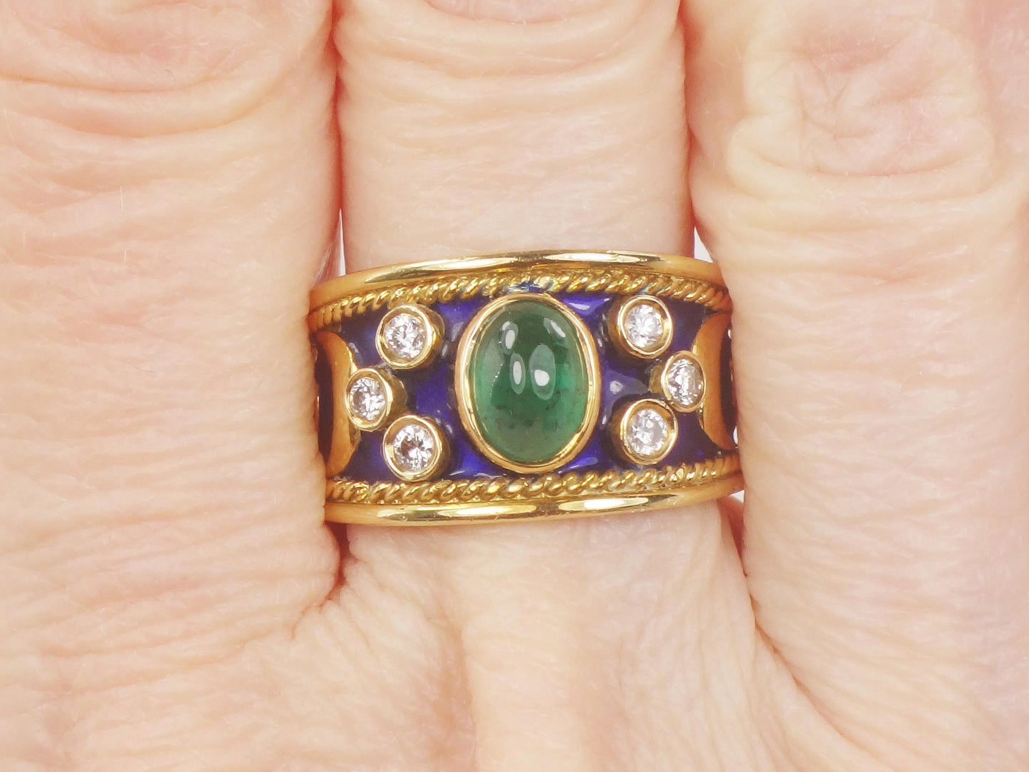 Vintage 18k Yellow Gold Natural Emerald and Diamond Ring, Wide Emerald Cigar Band Ring, Size 6.5