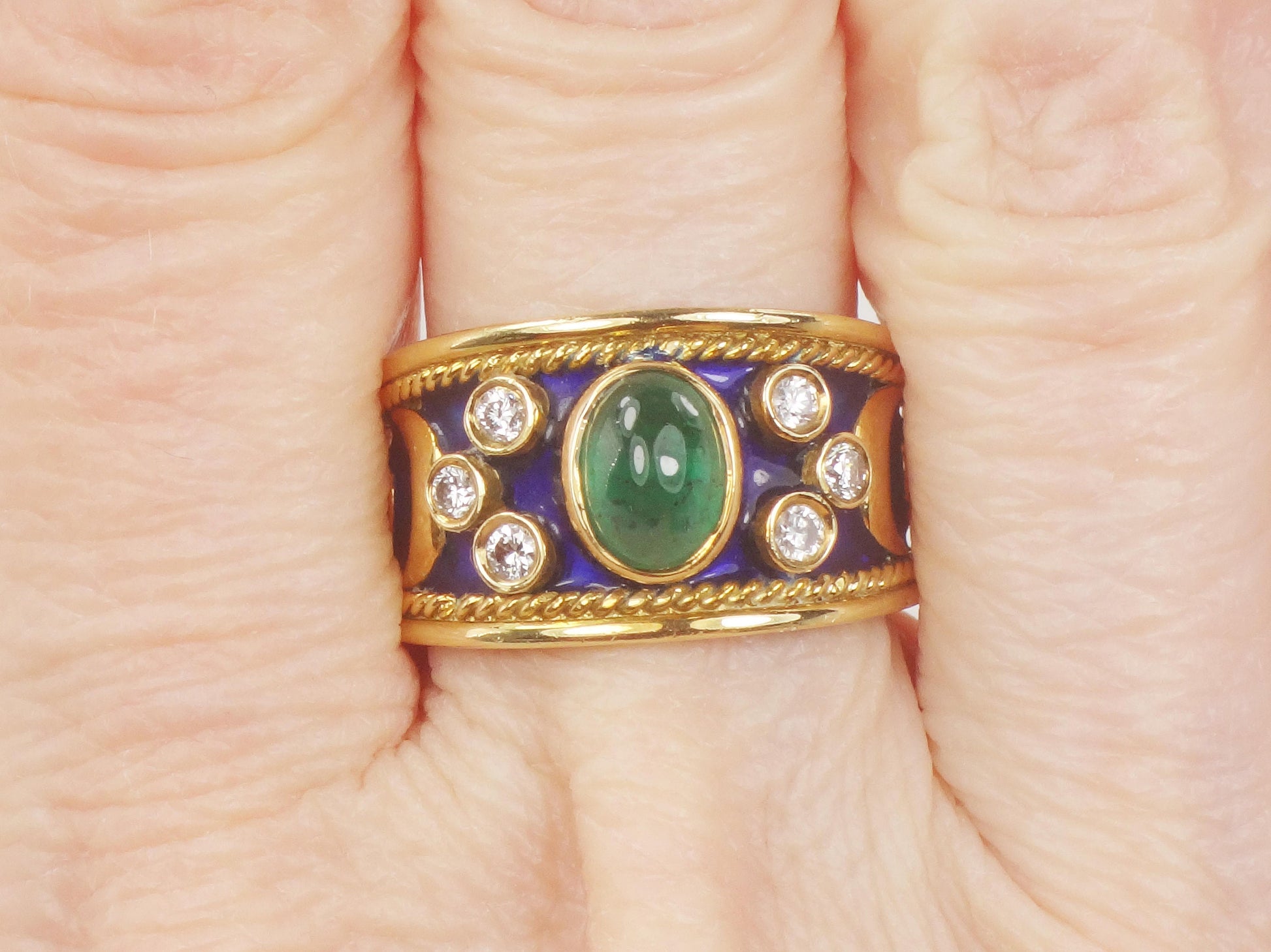 Vintage 18k Yellow Gold Natural Emerald and Diamond Ring, Wide Emerald Cigar Band Ring, Size 6.5