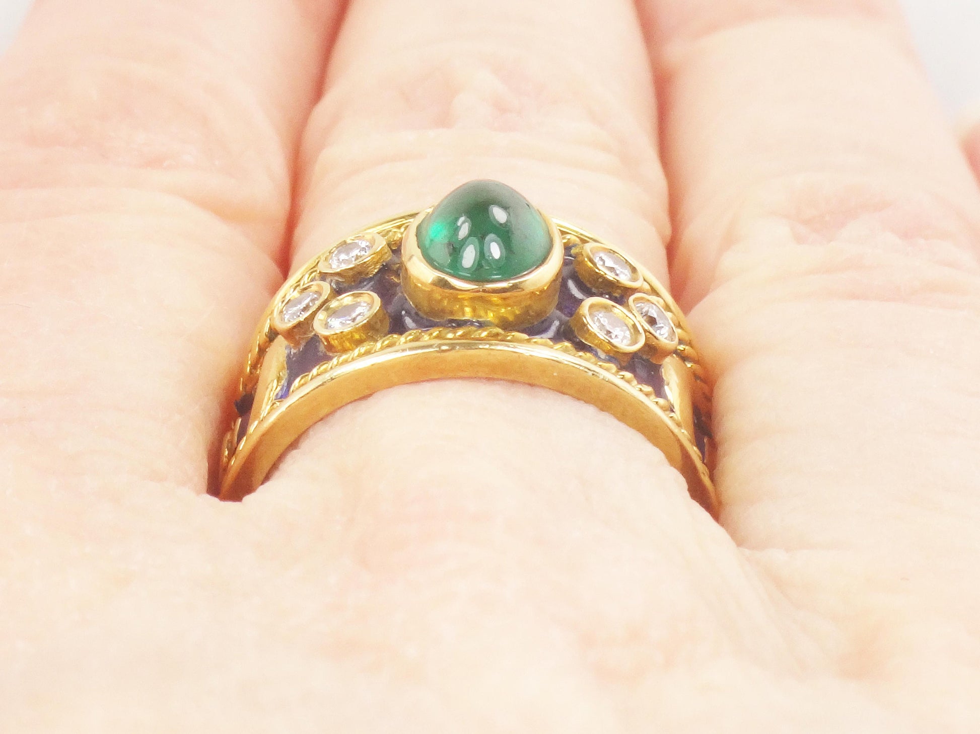 Vintage 18k Yellow Gold Natural Emerald and Diamond Ring, Wide Emerald Cigar Band Ring, Size 6.5