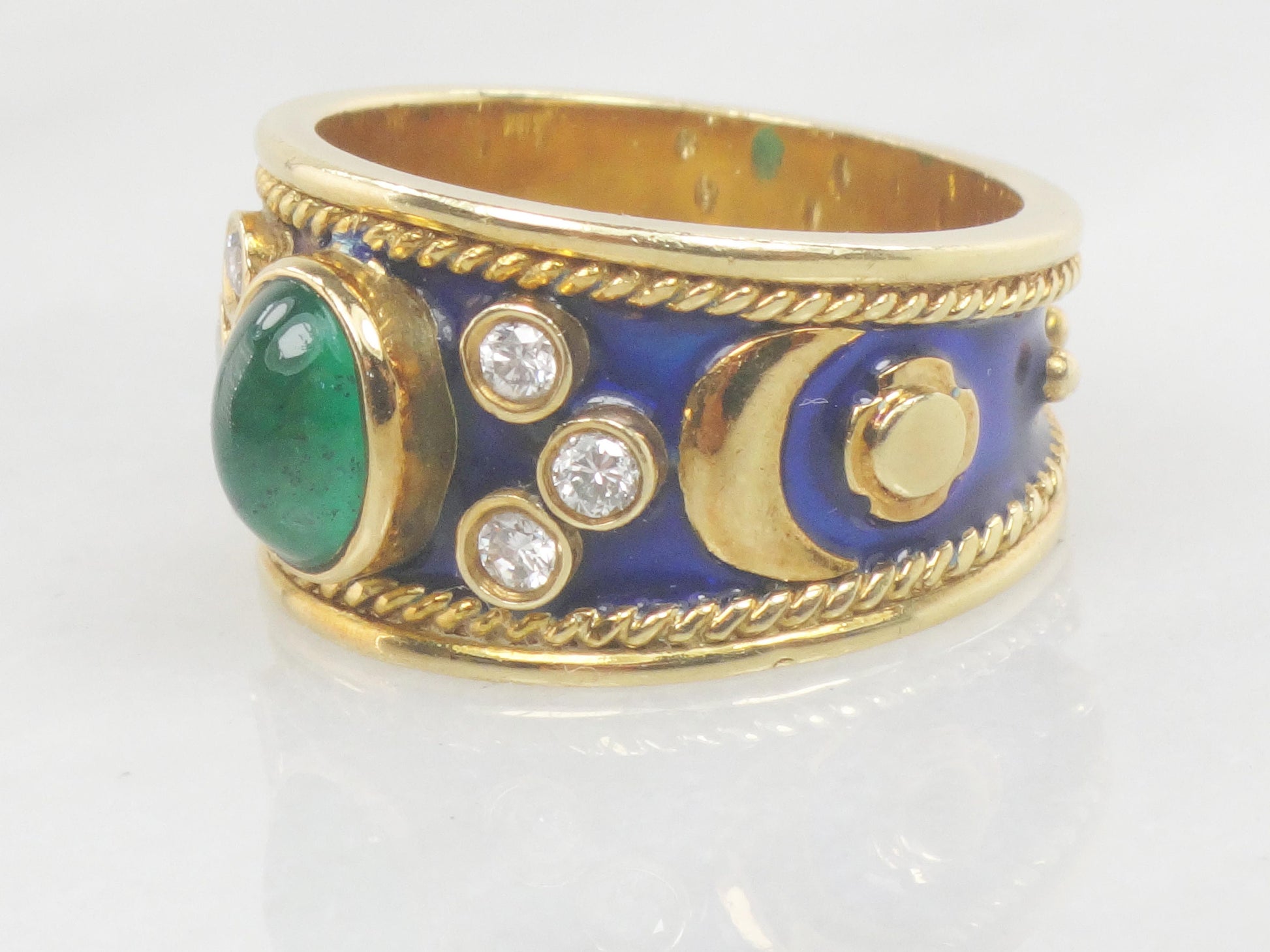 Vintage 18k Yellow Gold Natural Emerald and Diamond Ring, Wide Emerald Cigar Band Ring, Size 6.5