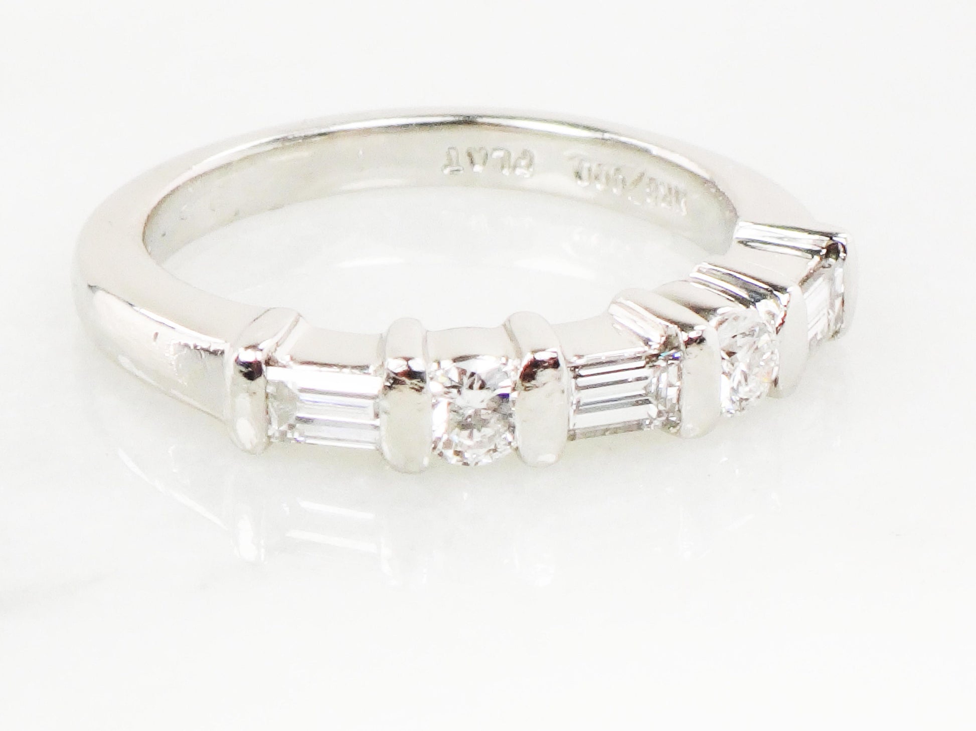 Vintage Platinum Diamond Wedding Band: Baguette & Round Cut, Size 6.5