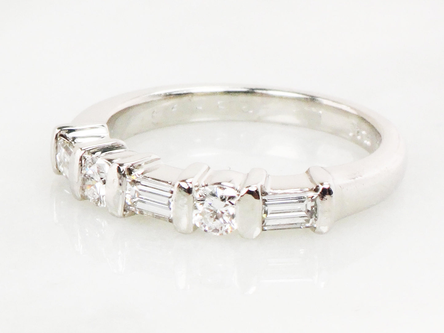 Vintage Platinum Diamond Wedding Band: Baguette & Round Cut, Size 6.5