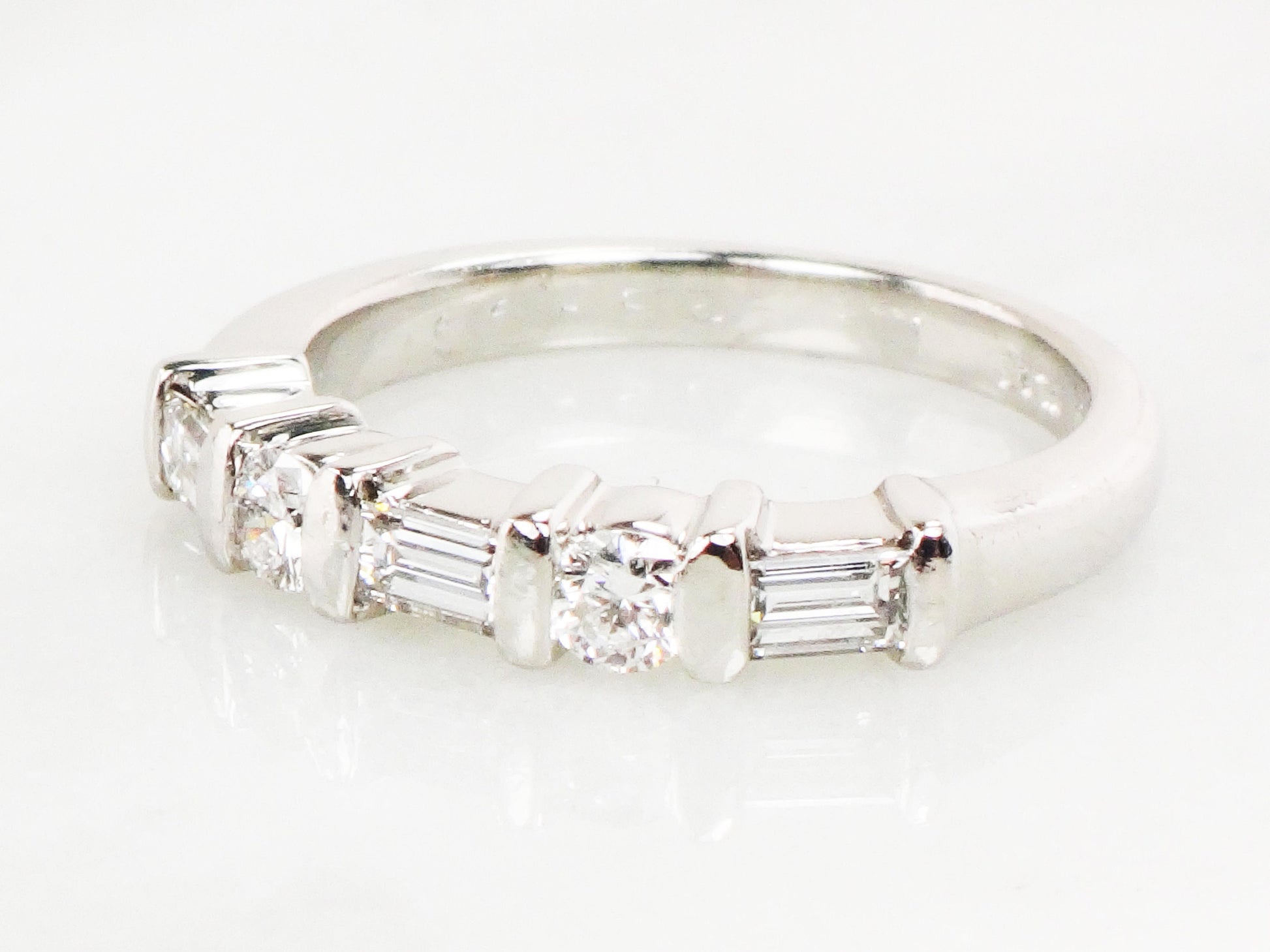 Vintage Platinum Diamond Wedding Band: Baguette & Round Cut, Size 6.5