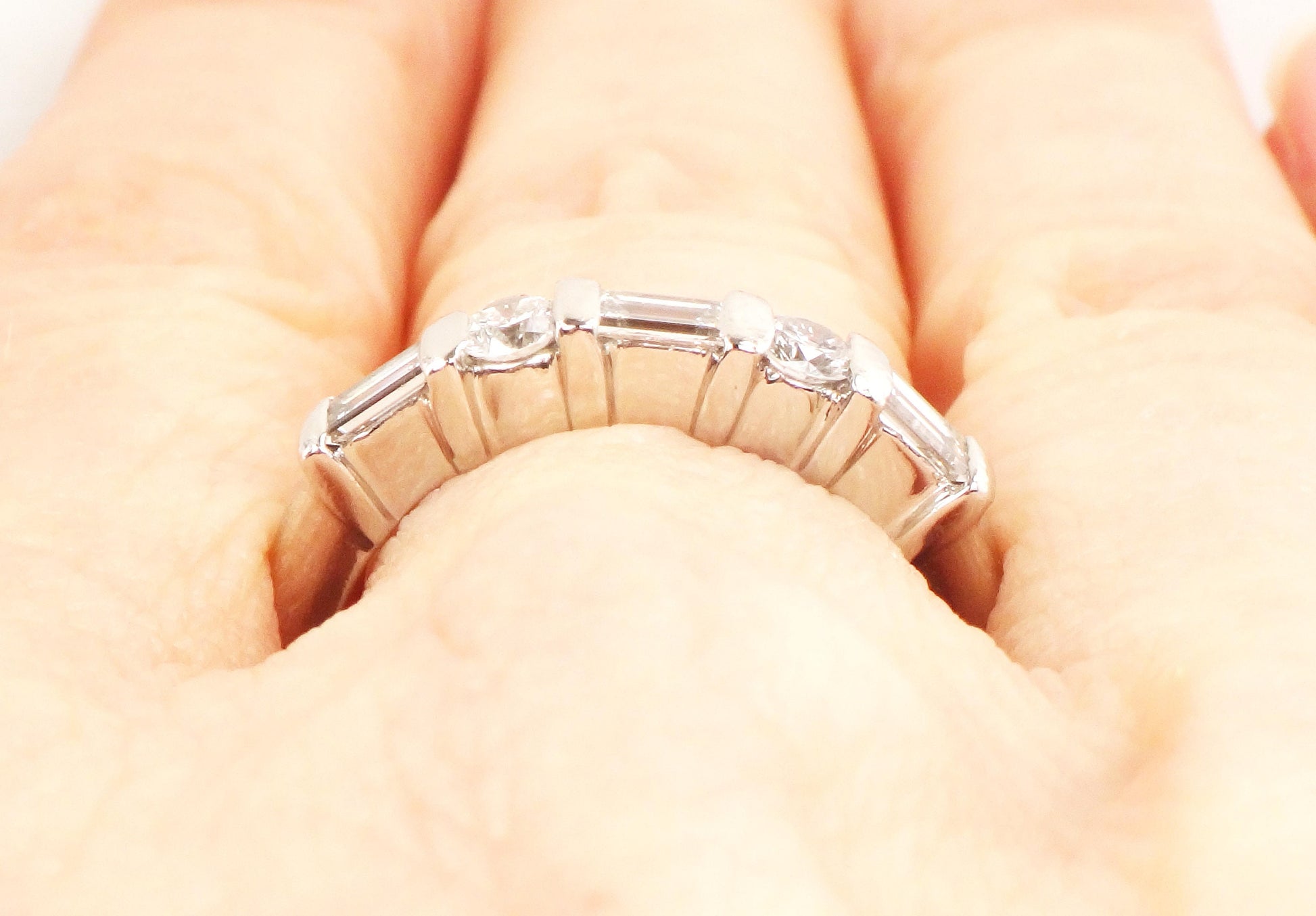 Vintage Platinum Diamond Wedding Band: Baguette & Round Cut, Size 6.5