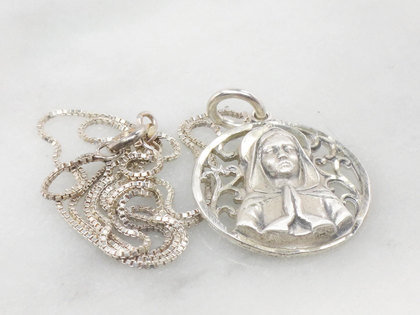 Vintage Sterling Silver Virgin Mary Necklace Mother Mary Pendant - 16.75" Chain