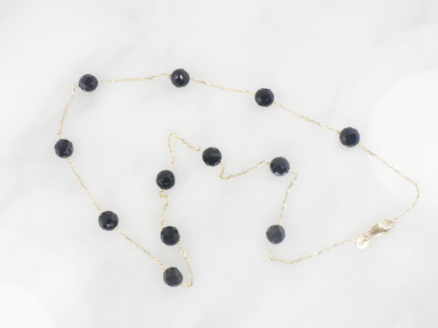 Vintage 14k Yellow Gold Black Onyx Bead and Link Necklace 16" Choker Station Necklace